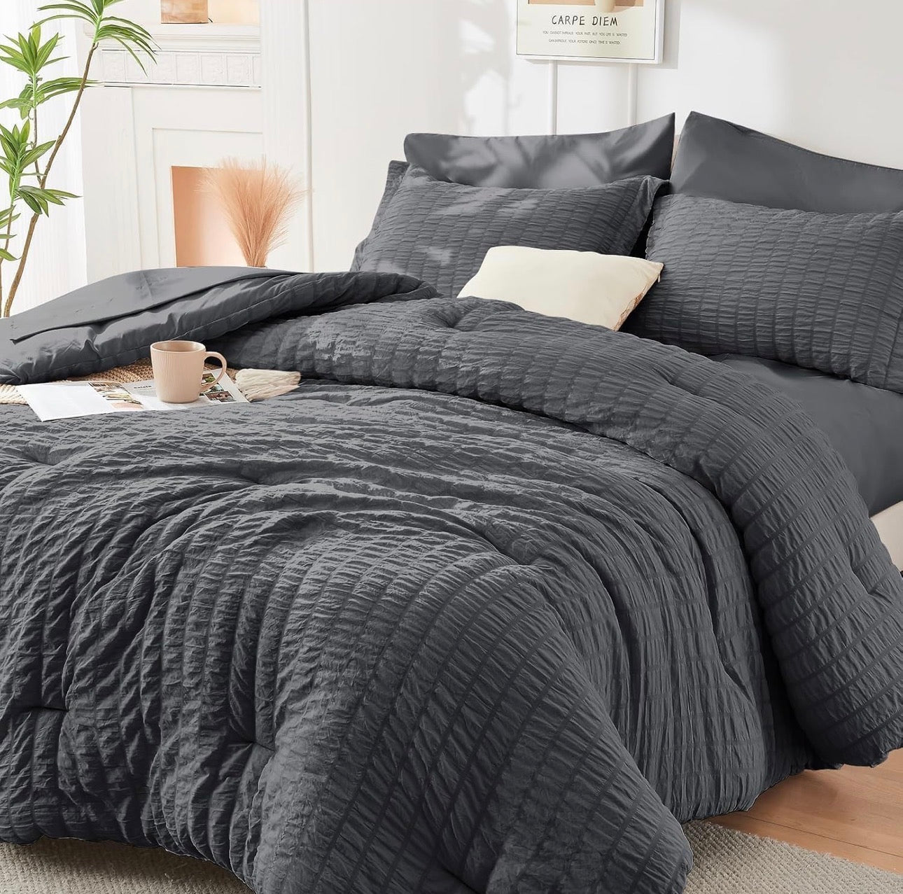 HYMOKEGE Queen Comforter Set Seersucker 7 Pieces, All Season Luxury Bed in a Bag for Bedroom, Bedding Set with Comforters, Sheets, Pillowcases & Shams