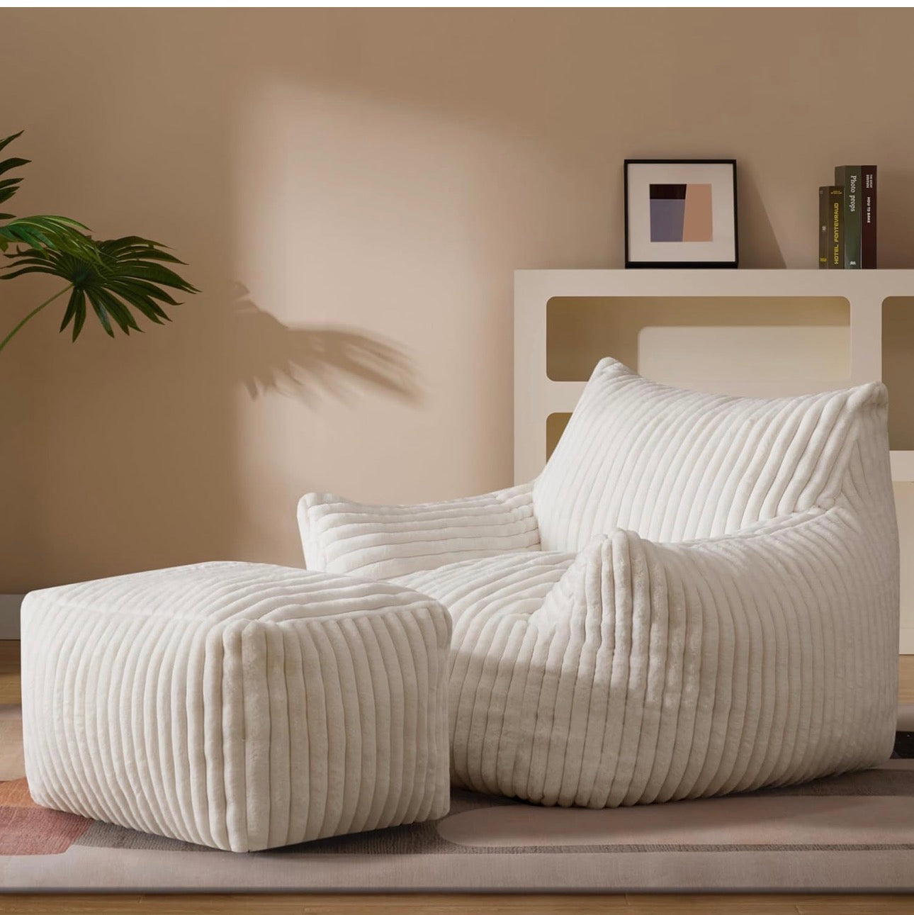 Giant Plush Bean Bag Chair for Adults with Armrests - Oversized Comfy Beige Beanbag Lounge Lazy Floor Sofa Accent Chair for Living Room, Bedroom & Dorm, Cozy Fluffy Single Cloud Mini Couch