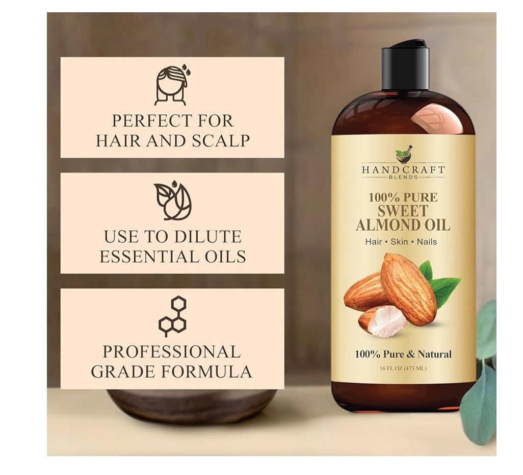 Handcraft Blends Sweet Almond Oil | 100% Pure and Natural | Bath & Body Oil | Premium Grade Carrier Oil | Skin | Hair | Body | Massage | Hexane-Free | 16 Fl Oz