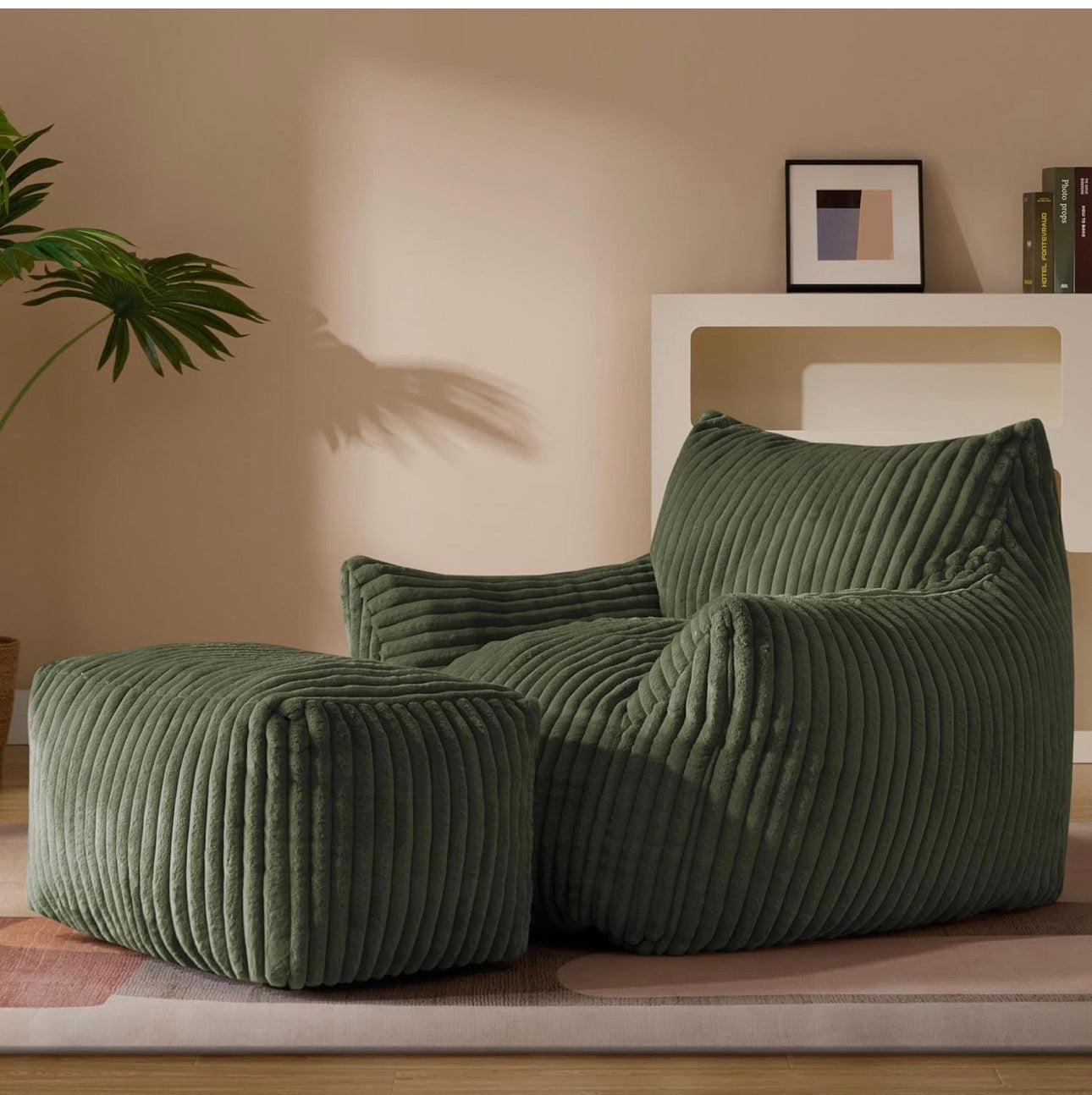 Giant Plush Bean Bag Chair for Adults with Armrests - Oversized Comfy Beige Beanbag Lounge Lazy Floor Sofa Accent Chair for Living Room, Bedroom & Dorm, Cozy Fluffy Single Cloud Mini Couch