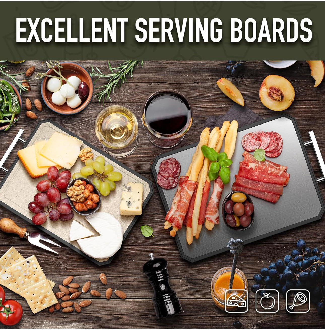 SNOWCLAD Stainless Steel Cutting Board,Double Sided Steel Cutting Board Set for kitchen,Stainless Steel/Wheat straw pp Large for meat,Dishwasher Safe