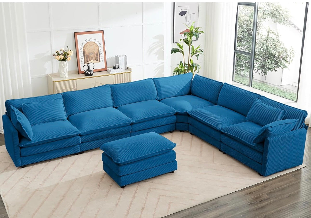 113'' Modular Sectional Cloud Couch, 5 Seater Corner Sofa Big Comfy Corduroy Oversized L Shaped Couch with 2 Pillows, Chaise, Ottoman, Deep Seat Sectional Couches for Living Room Office