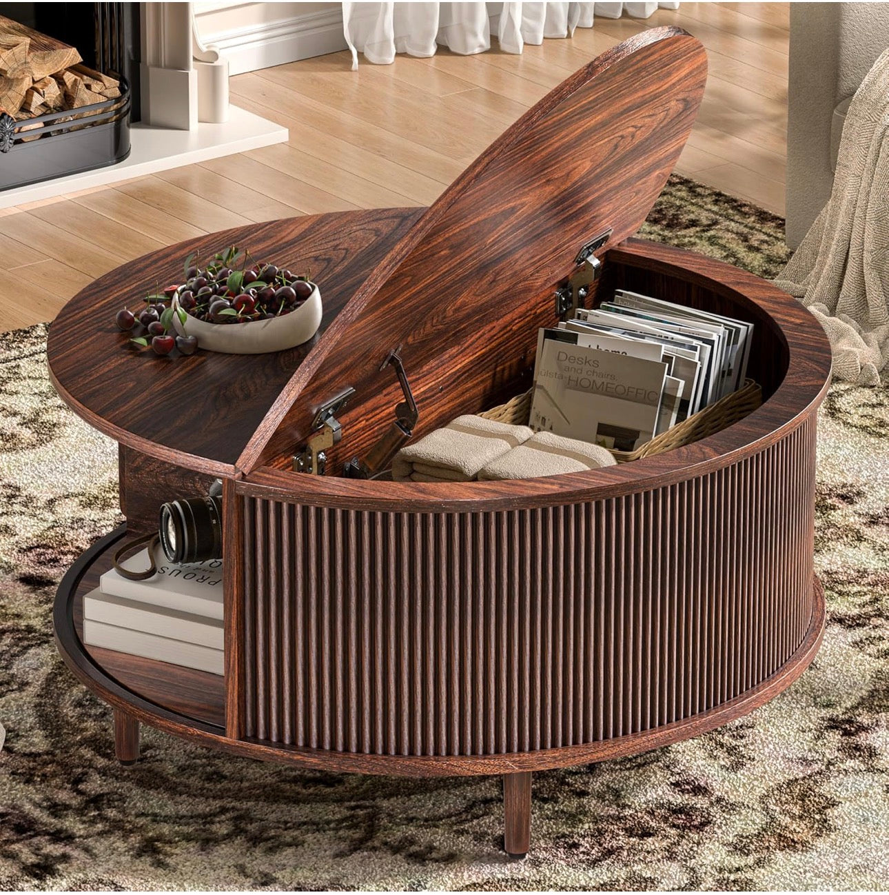Round Coffee Table, 31.5" Fluted Center Table with Storage, Lift-Top Coffee Table with Adjustable Footpads, Sliding Door, Mid-Century Modern Center Table for Living Room, Small Space