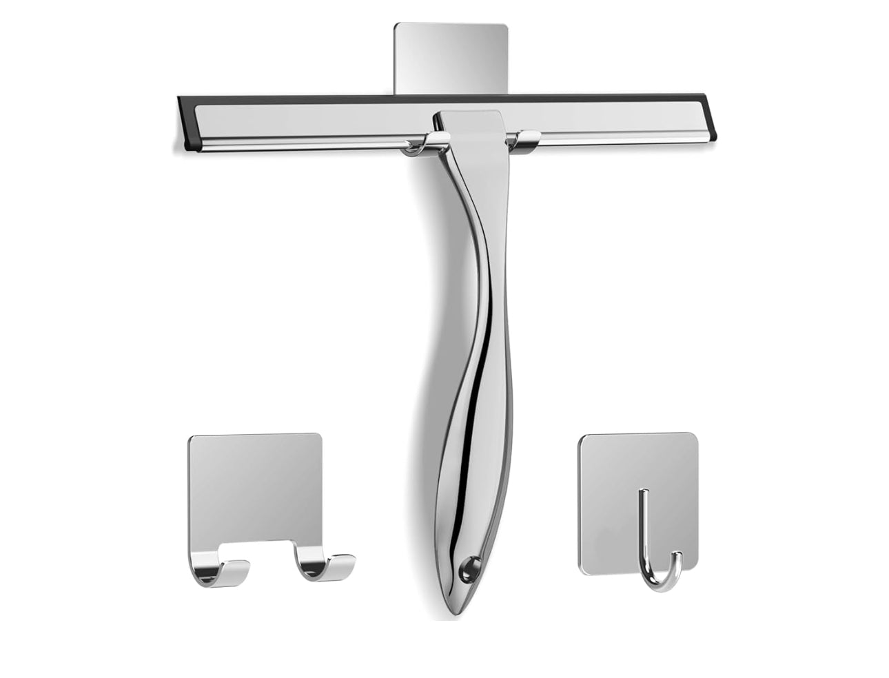 All-Purpose Stainless Steel Shower Squeegee for Shower Doors with 2 Adhesive Hooks, Bathroom Cleaner Tool Household Window Mirror Squeegee for Home Cleaning, Glass Door, Tile Wall, Car