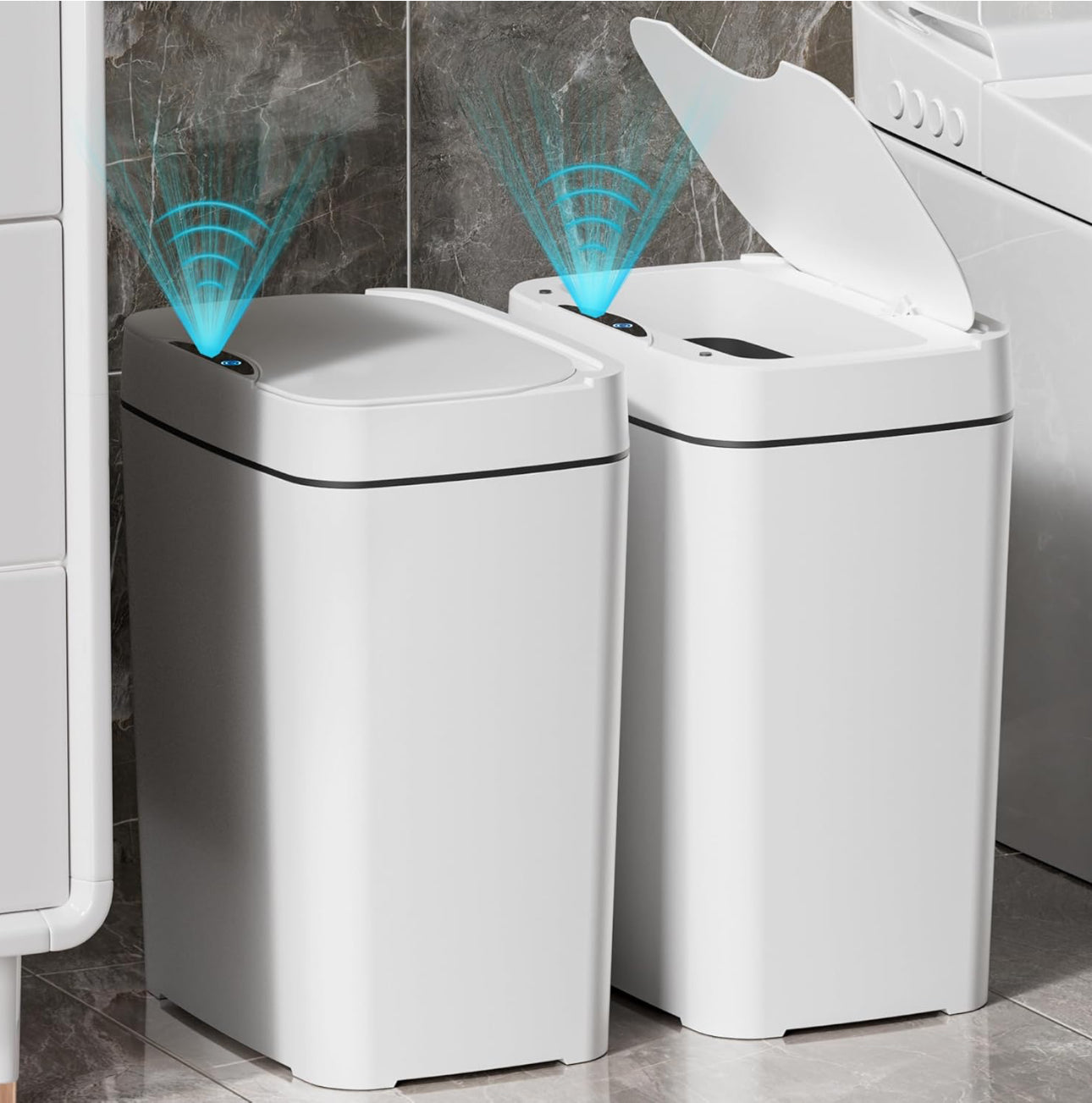 2 Pack 2.7 Gal Bathroom Trash Can with Lid, Automatic Trash Can Small Smart Garbage Can Touchless, Slim Motion Sensor Waterproof Plastic Trash Bins for Bedroom Office Kitchen Toilet