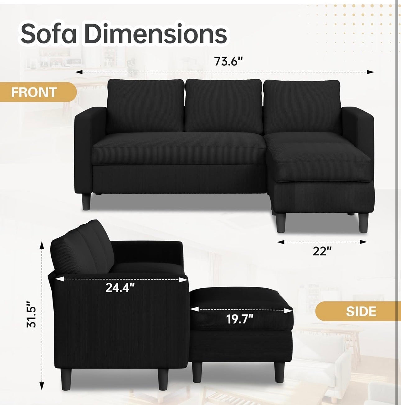 3-Seat Convertible L-Shaped Sectional Sofa with Reversible Ottoman, Upholstered Fabric Couch for Small Living Rooms, Modern Modular Couch for Apartment, Studio & Loft