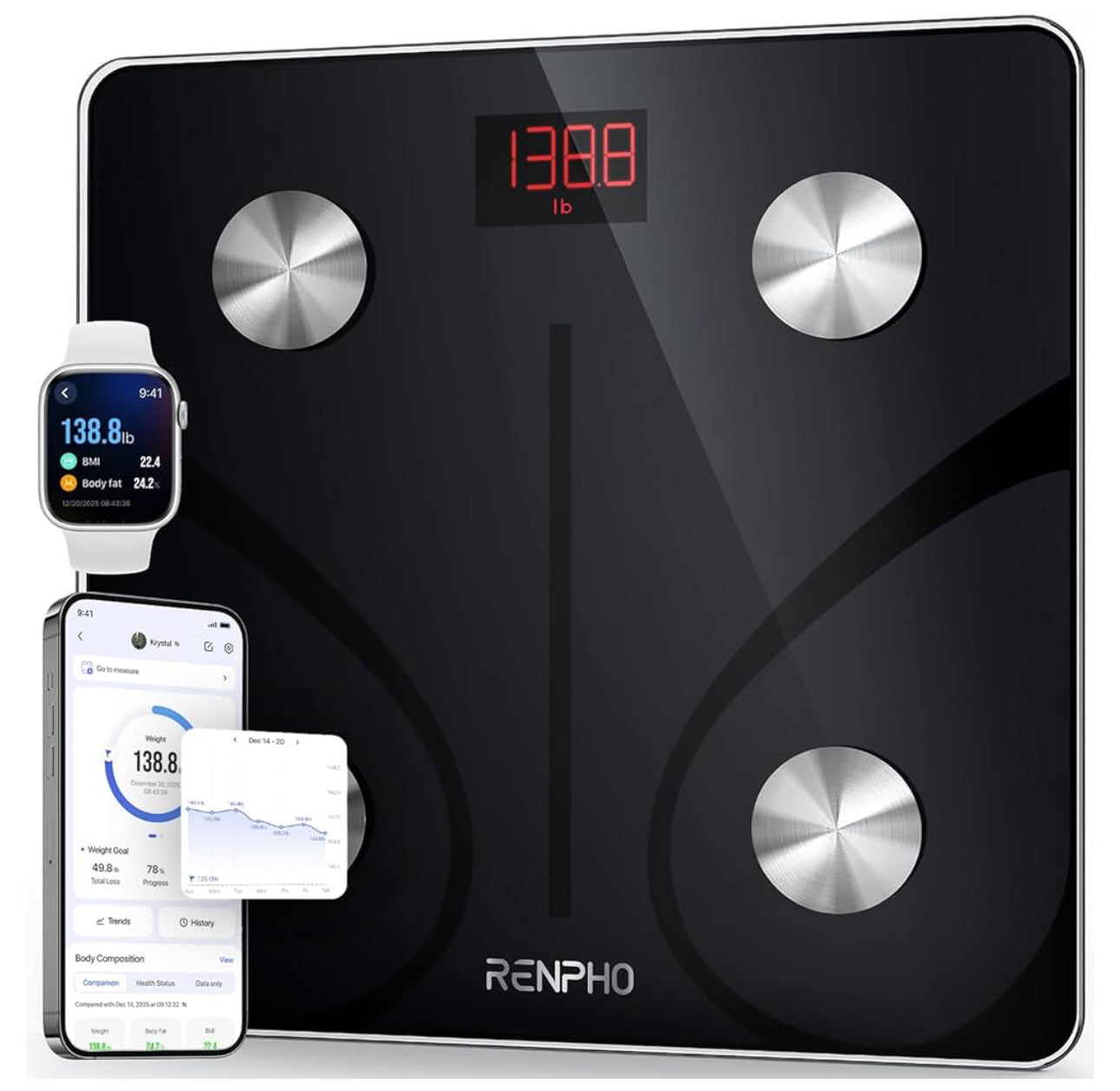 RENPHO Smart Scale for Body Weight, FSA&HSA Eligible, Digital Bathroom Scale BMI Weighing Bluetooth Body Fat Scale, Body Composition Monitor Health Analyzer with Smartphone App, 400 lbs