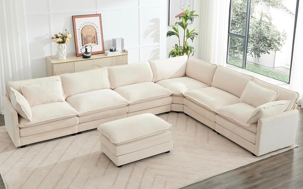 113'' Modular Sectional Cloud Couch, 5 Seater Corner Sofa Big Comfy Corduroy Oversized L Shaped Couch with 2 Pillows, Chaise, Ottoman, Deep Seat Sectional Couches for Living Room Office