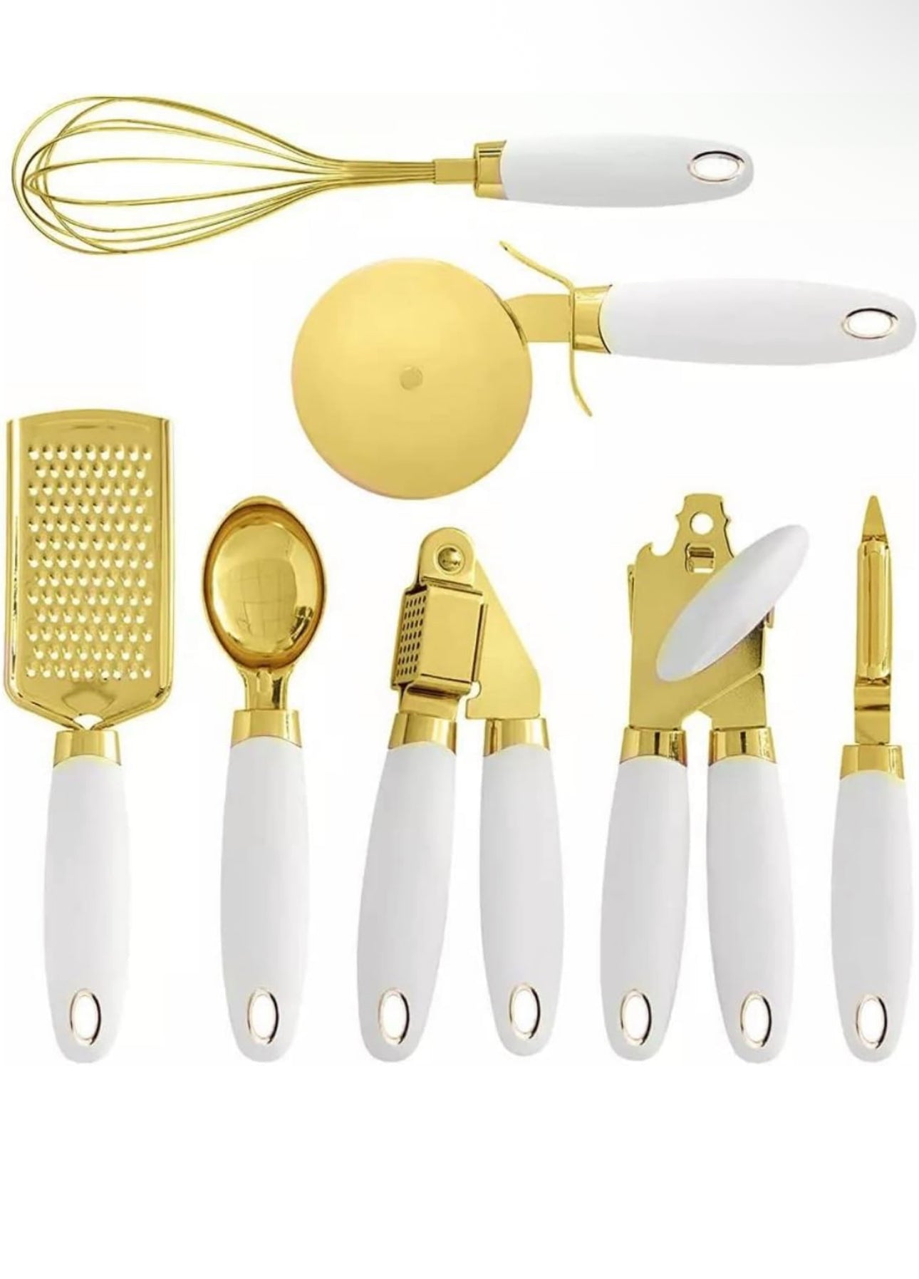 White & Gold Kitchen Tools and Gadgets - Luxe 7PC Cooking Tools and Gadgets with Anti-Slip Handles, Gold Utensils Set, Gold Kitchen Accessories,Premium Kitchen Gadget Set (Champagne gold & white)