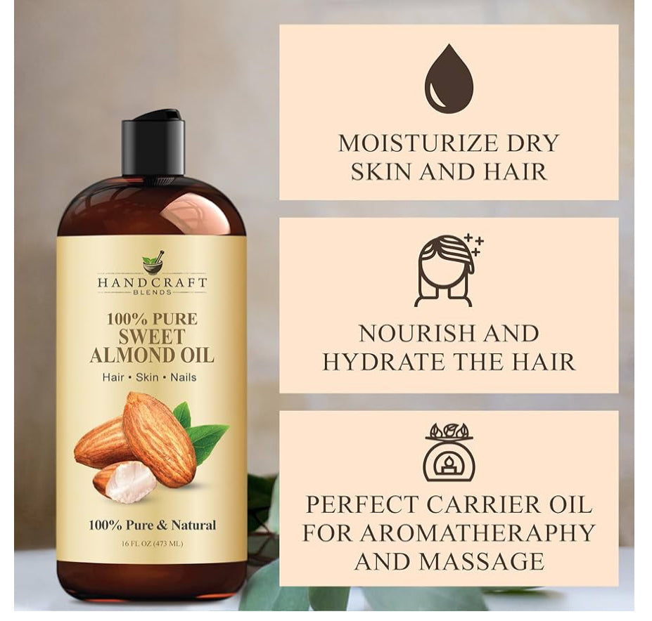 Handcraft Blends Sweet Almond Oil | 100% Pure and Natural | Bath & Body Oil | Premium Grade Carrier Oil | Skin | Hair | Body | Massage | Hexane-Free | 16 Fl Oz