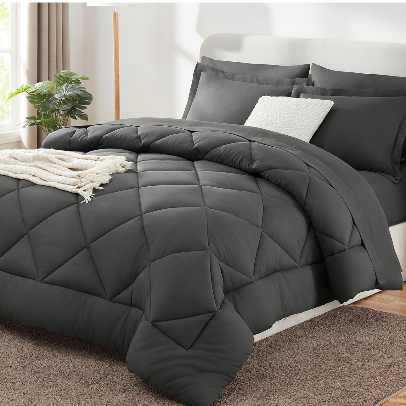 CozyLux Queen Comforter Set Dark Grey - Bed in a Bag Queen Size 7 Pieces, Luxury Soft Bed Set for All Seasons, Bedding Set with Comforter, Sheets, Pillowcases & Shams