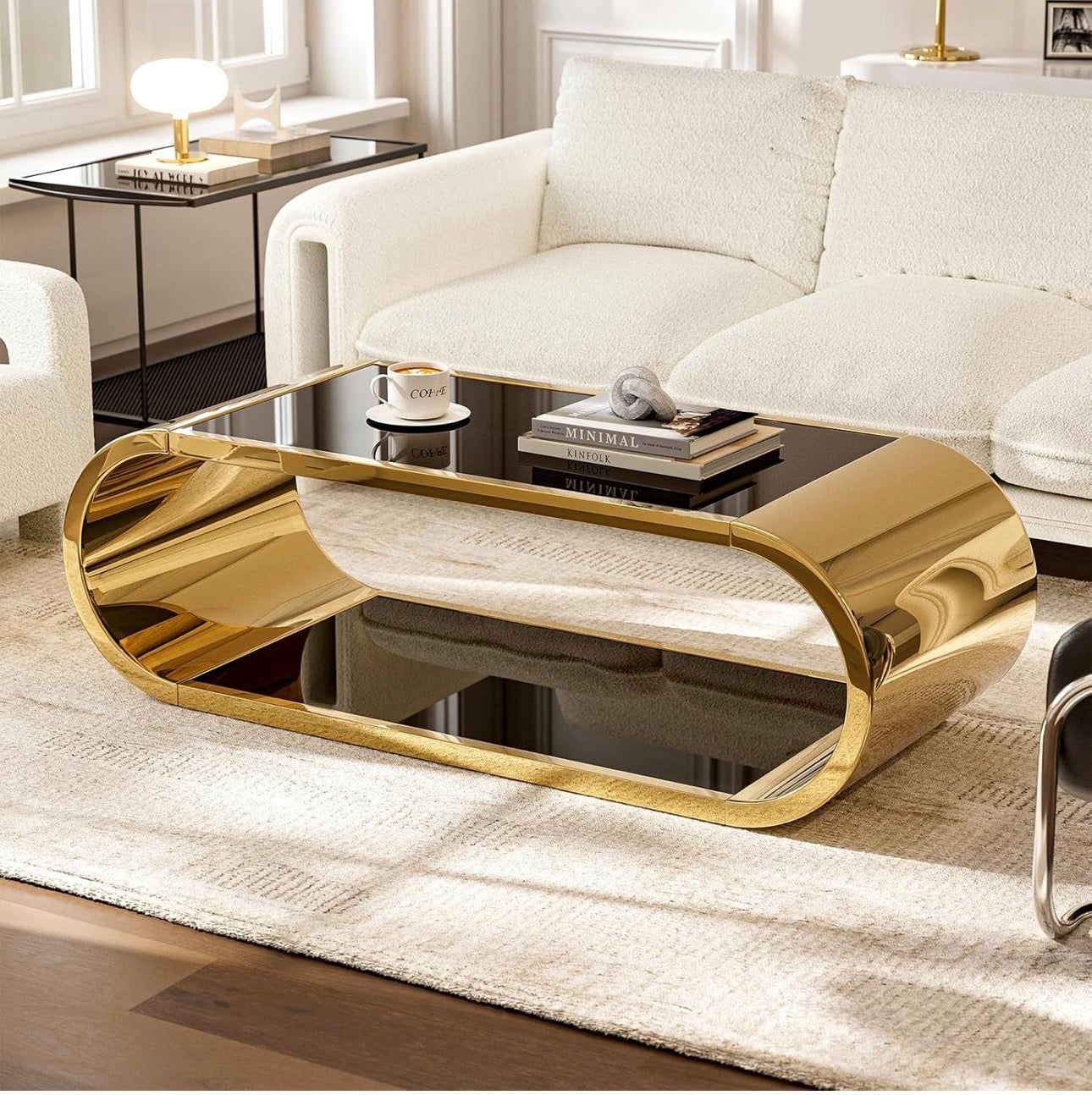 Gold Stainless with Glass Coffee Table, Modern Coffee Table for Living Room, 2-Tier Glass Top with Large Space Fashion Design