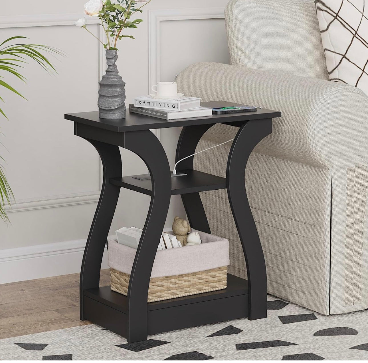 Black End Table Set of 2 with Charging Station, Side Table with USB Ports and Outlets, Black Nightstand, 3 Tier End Table with Storage Shelf for Living Room, Bedroom