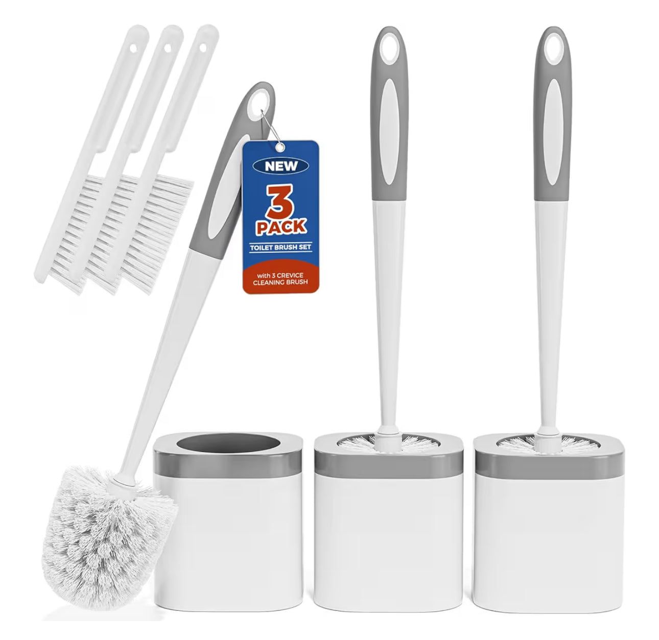 Toilet Brush, 3 Pack Toilet Brush and Holder Set Bathroom Accessories, Toilet Bowl Brush and Holder with 3 Crevice Brush for Bathroom, Toilet Scrubber Brush