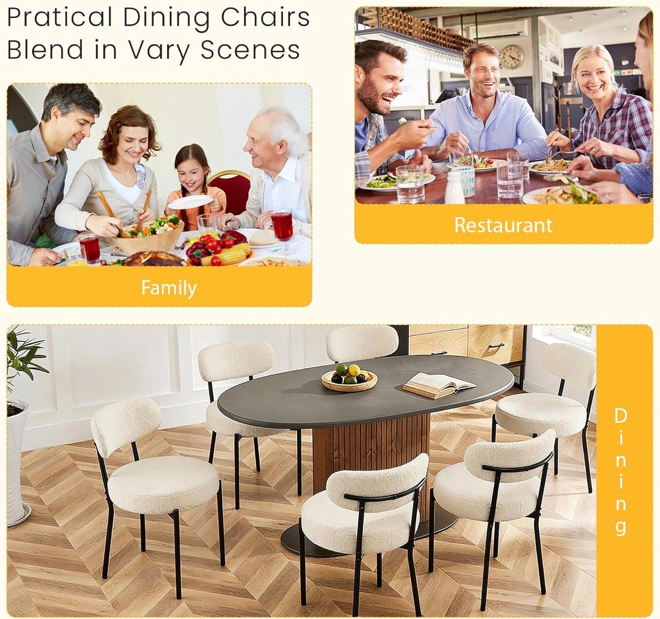 DUMOS Dining Chairs Set of 4, Mid Century Modern Chair Round Upholstered Curved Backrest, Kitchen Vanity Living Room Chairs with Black Metal Legs，Light Beige
