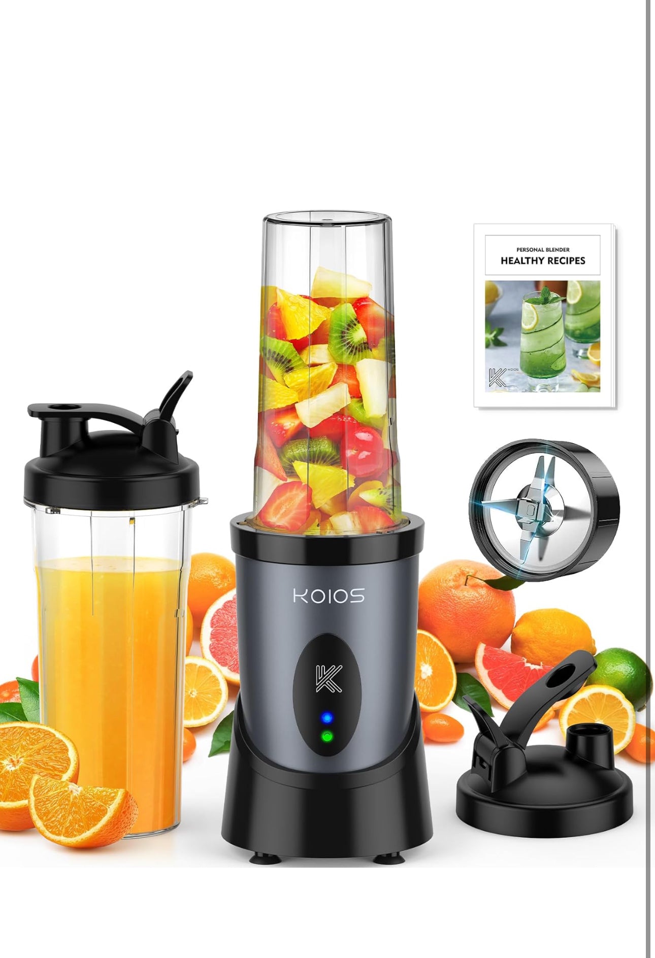 KOIOS Smoothie Blender, 900W Personal Blender for Shakes and Smoothies for Kitchen with 2 No-BPA 22oz Portable Cups, Single Serve Smoothies Maker Mixer for Juices, Nutritious Recipe (Grey Blue)