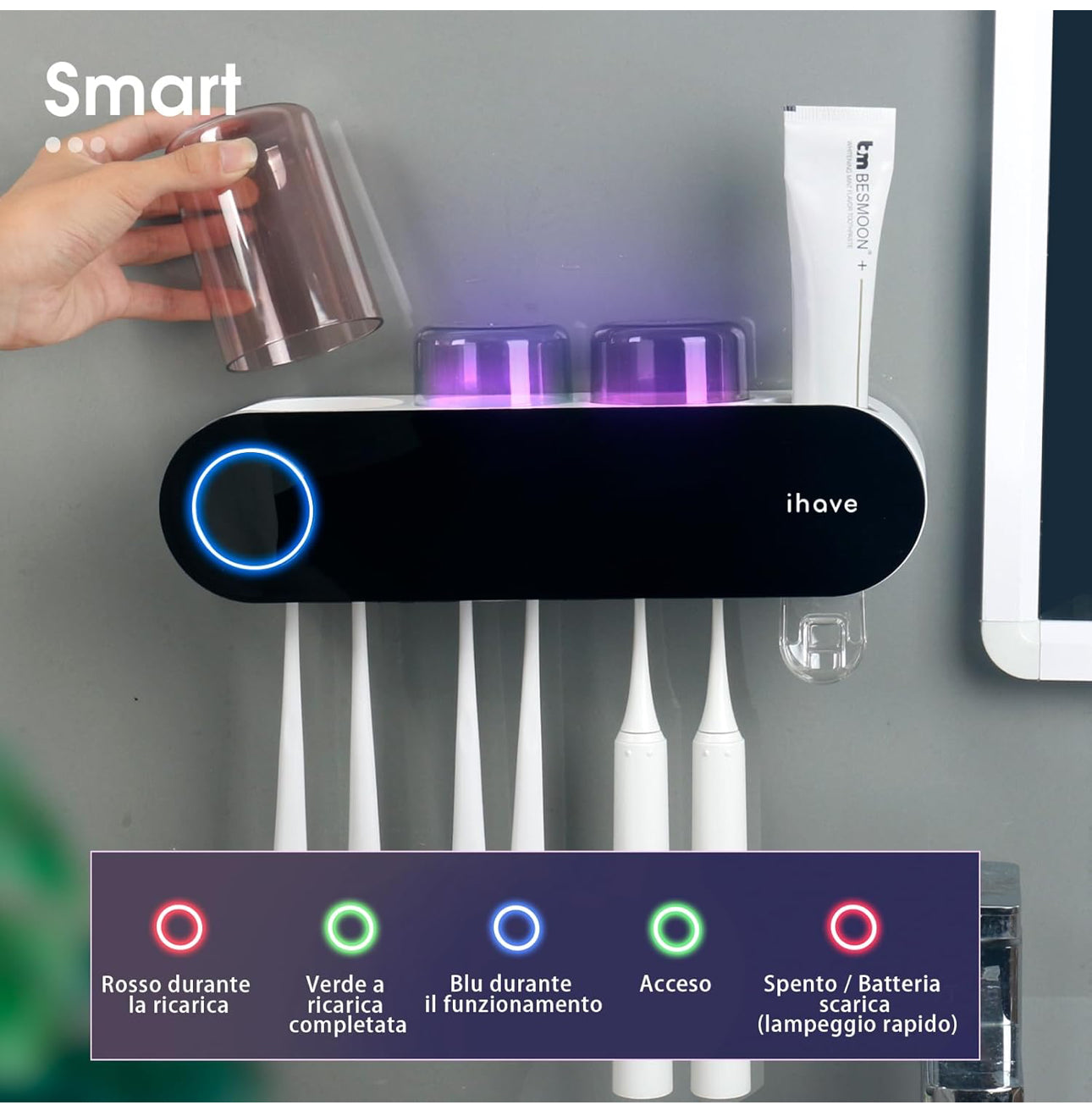 iHave Wall Mounted Electric Toothbrush Holders with 3 Cups, UV Sanitizer, Toothpaste Dispenser, Smart Home Bathroom Accessories & Decor, Black