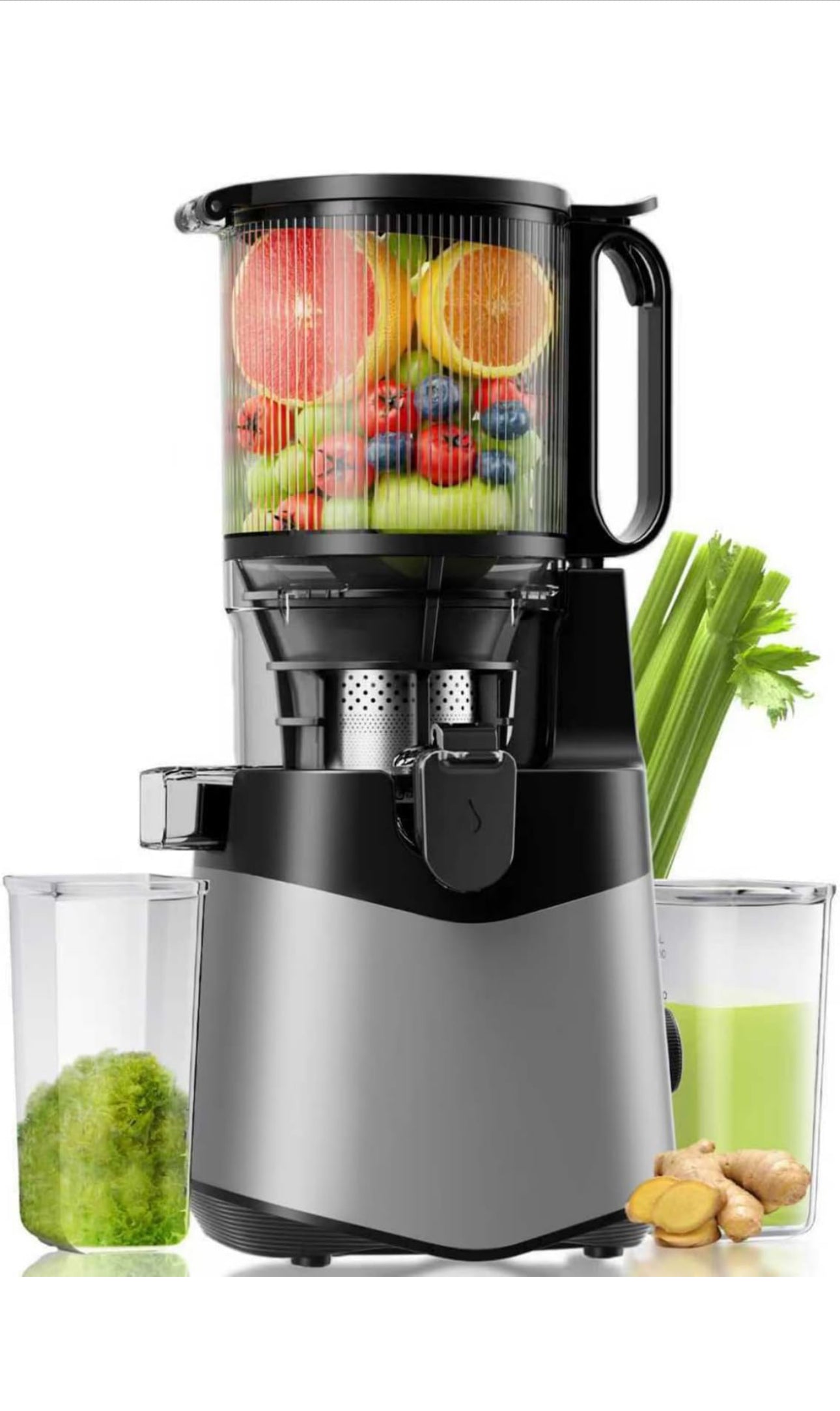 Cold Press Juicer, 5.8" Wide Feed Chute Juice Extractor Machine with 400W, High Juice Yield, Slow Masticating Juicer for Whole Vegetables & Fruits, Dark Grey