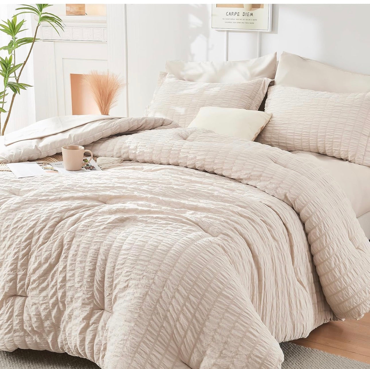 HYMOKEGE Queen Comforter Set Seersucker 7 Pieces, All Season Luxury Bed in a Bag for Bedroom, Bedding Set with Comforters, Sheets, Pillowcases & Shams