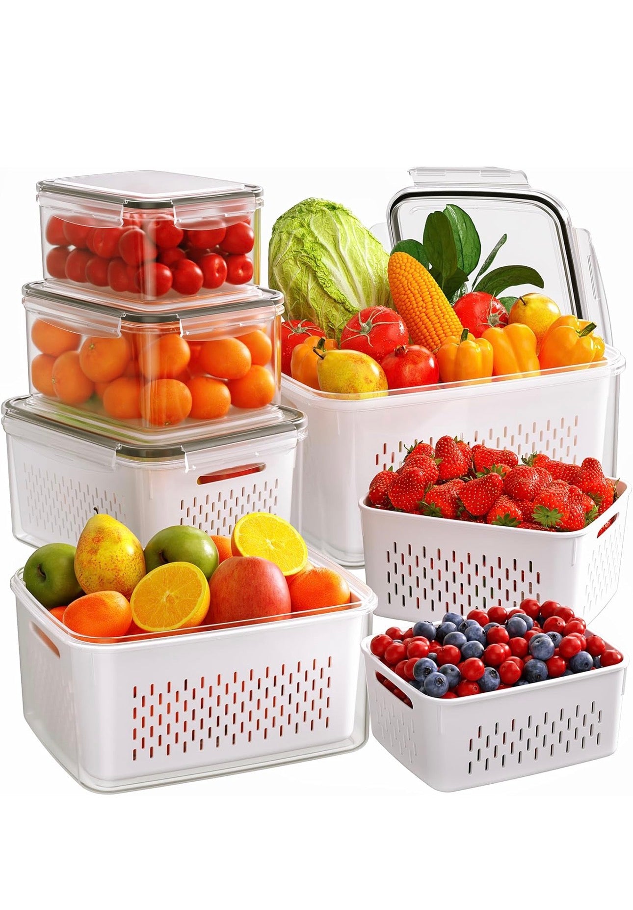 Fruit Storage Containers for Fridge with Removable Colanders, 6 Plastic Food Storage Containers with 6 Lids, Leakproof Produce Containers Keep Fruits, Vegetables, Berry, Meat Fresh Longer