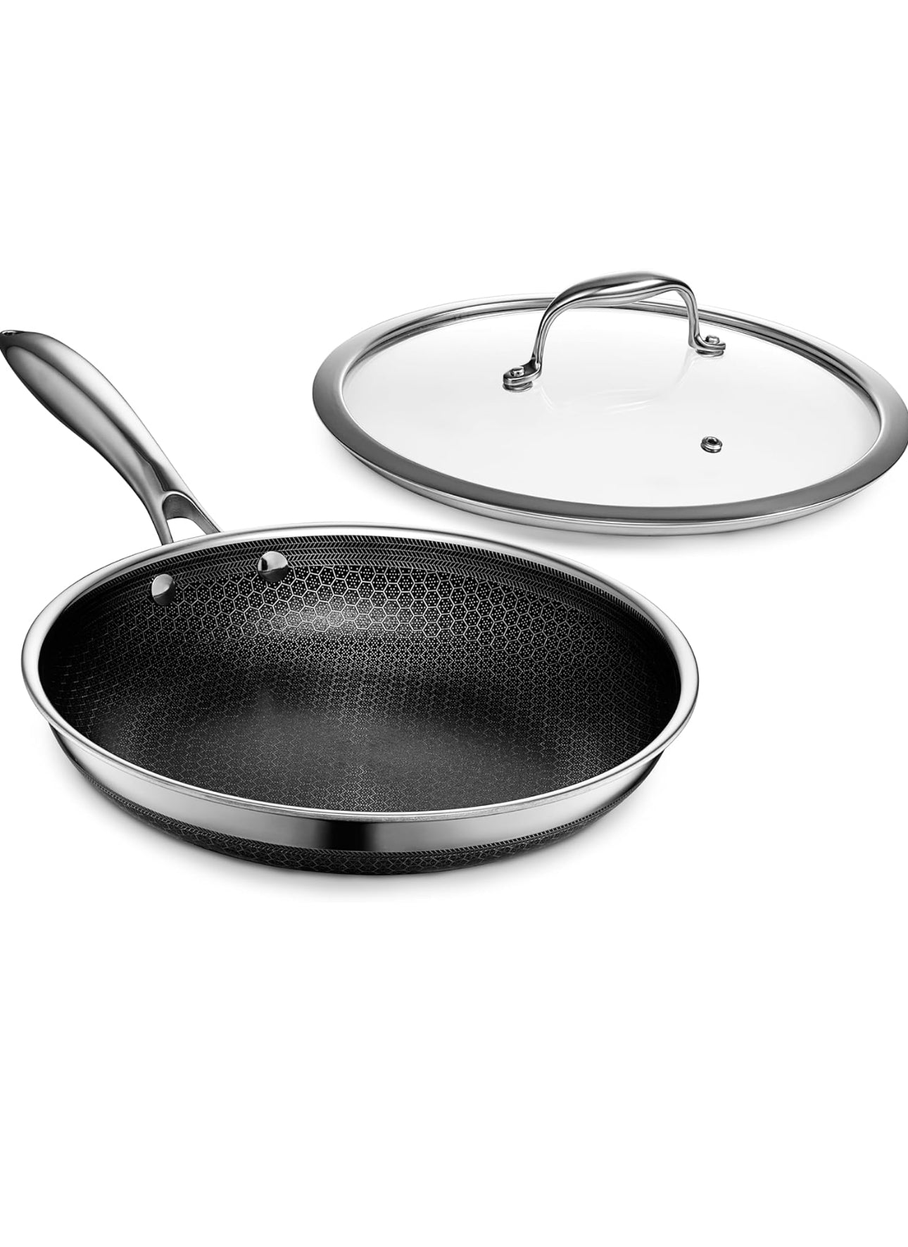 HexClad Hybrid Nonstick 10-Inch Frying Pan with Tempered Glass Lid, Stay-Cool Handle, Dishwasher-Friendly, Oven-Safe Up to 900°F, Induction Ready, Compatible with All Cooktops
