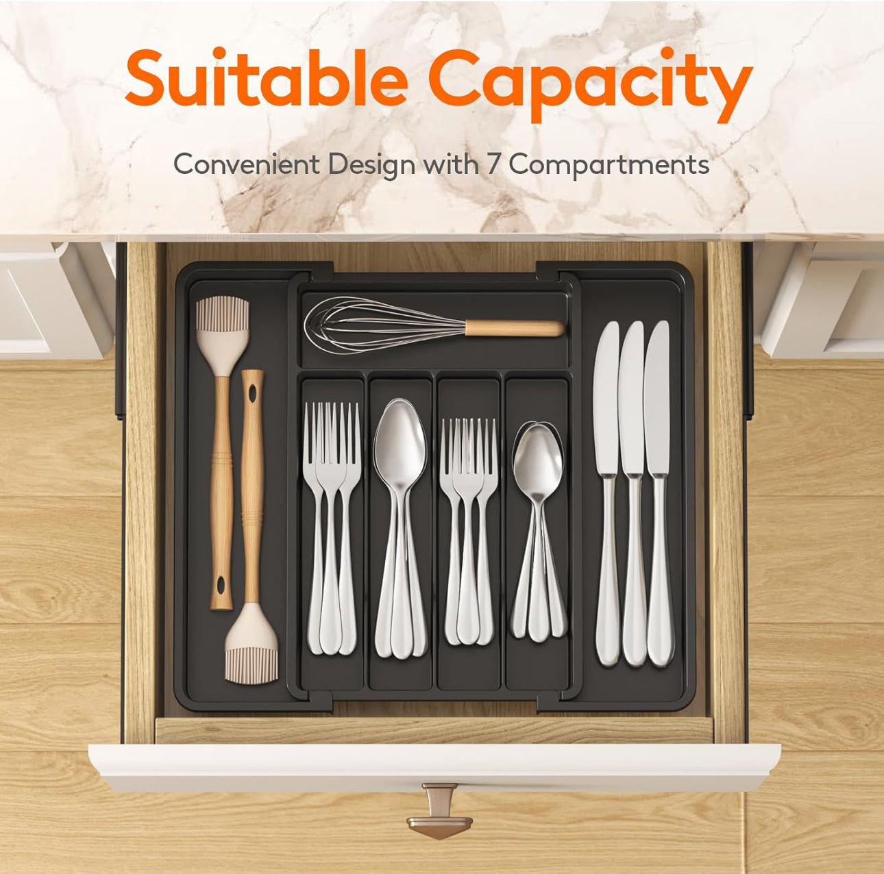 Extra Large Expandable Silverware Organizer, BPA-Free Food-Safe Cutlery Flatware Organizer, Kitchen Utensil Drawer Organizer, Adjustable Silverware Holder for Spoons Forks Knives