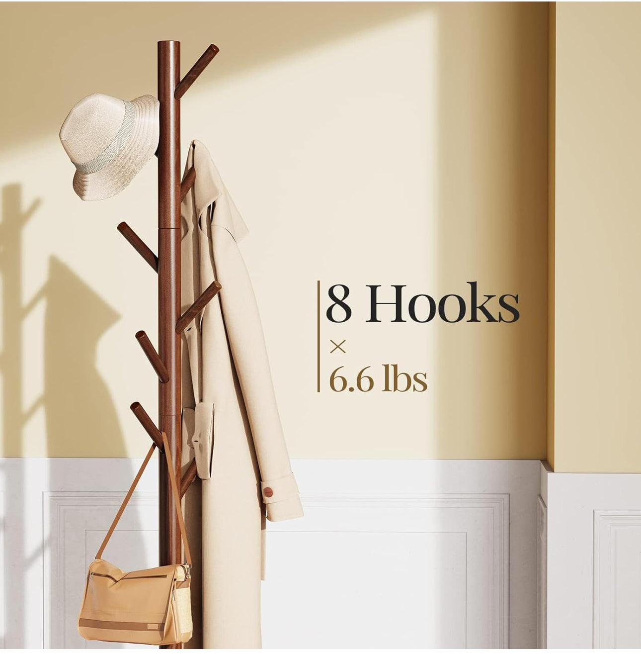 Pipishell Sturdy Wooden Coat Tree with 8 Hooks, 3 Adjustable Sizes for Clothes, Hat Stand Used in Bedroom/Office/Entryway, Brown