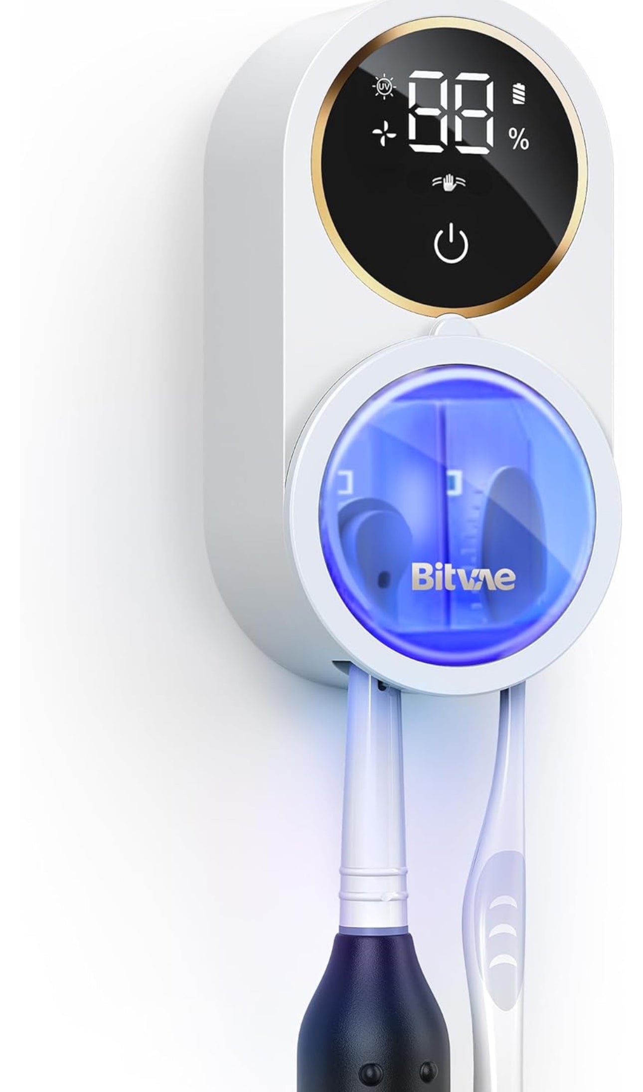 Bitvae Upgraded Tooth Brush Holder for Bathroom 2.0, Infrared Sensing Toothbrush Cleaner, Wall-Mounted for Most Size Toothbrushes, Air Drying, LED Smart Screen, White Gold Trim