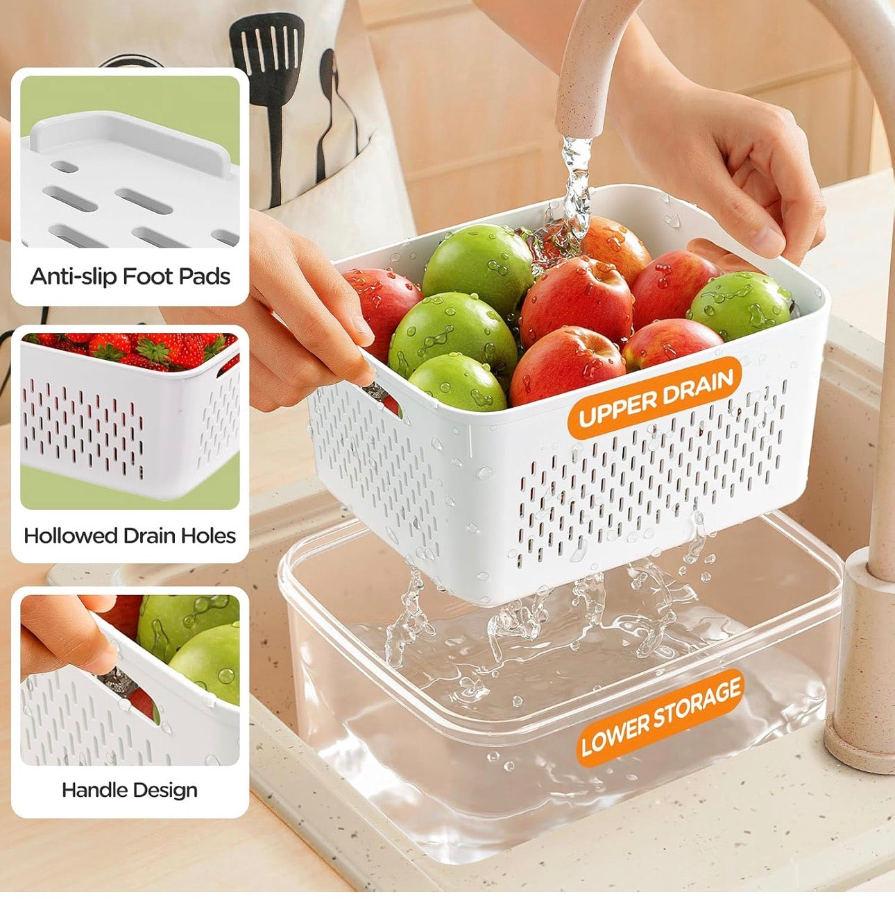 Fruit Storage Containers for Fridge with Removable Colanders, 6 Plastic Food Storage Containers with 6 Lids, Leakproof Produce Containers Keep Fruits, Vegetables, Berry, Meat Fresh Longer