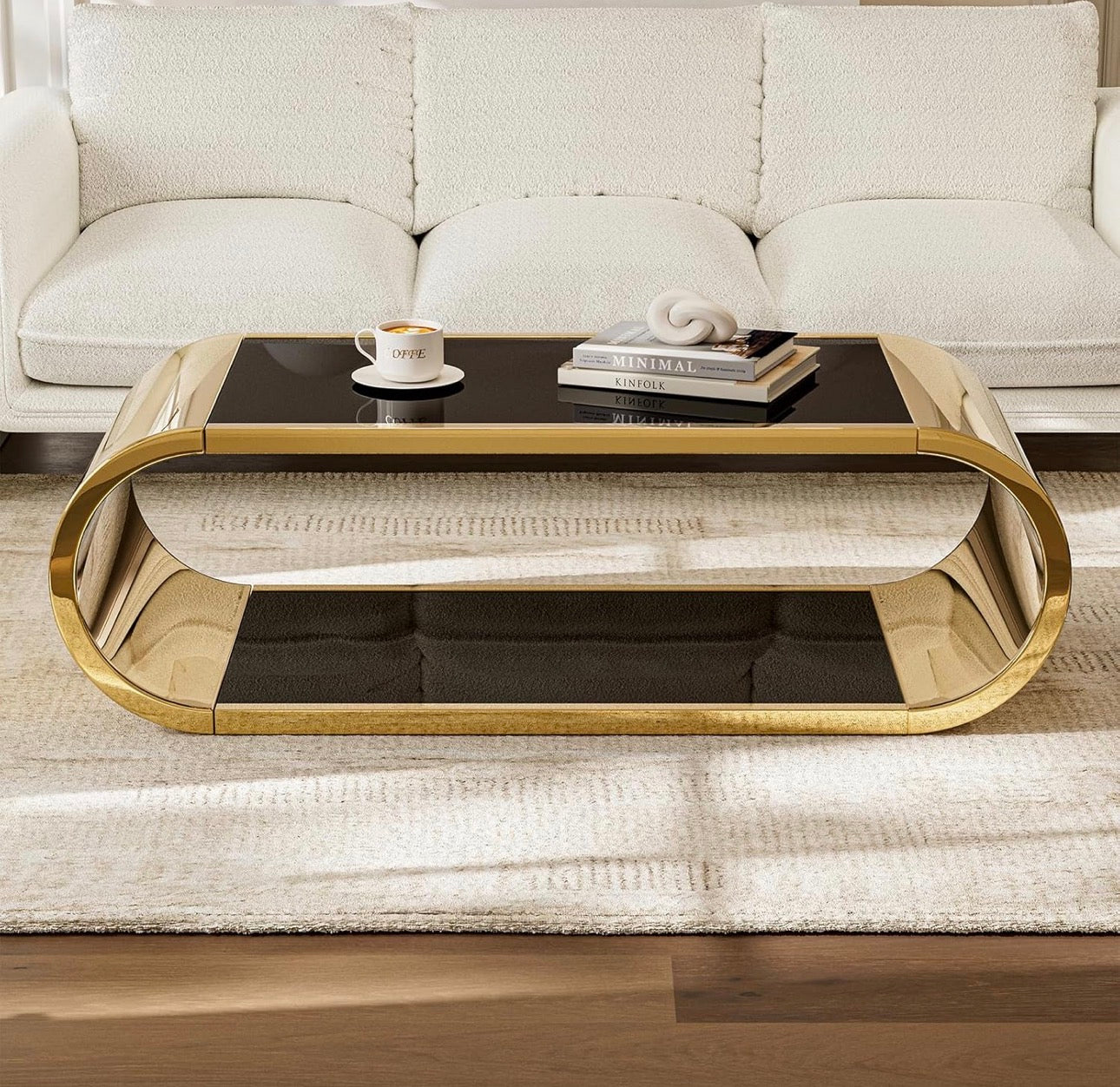 Gold Stainless with Glass Coffee Table, Modern Coffee Table for Living Room, 2-Tier Glass Top with Large Space Fashion Design