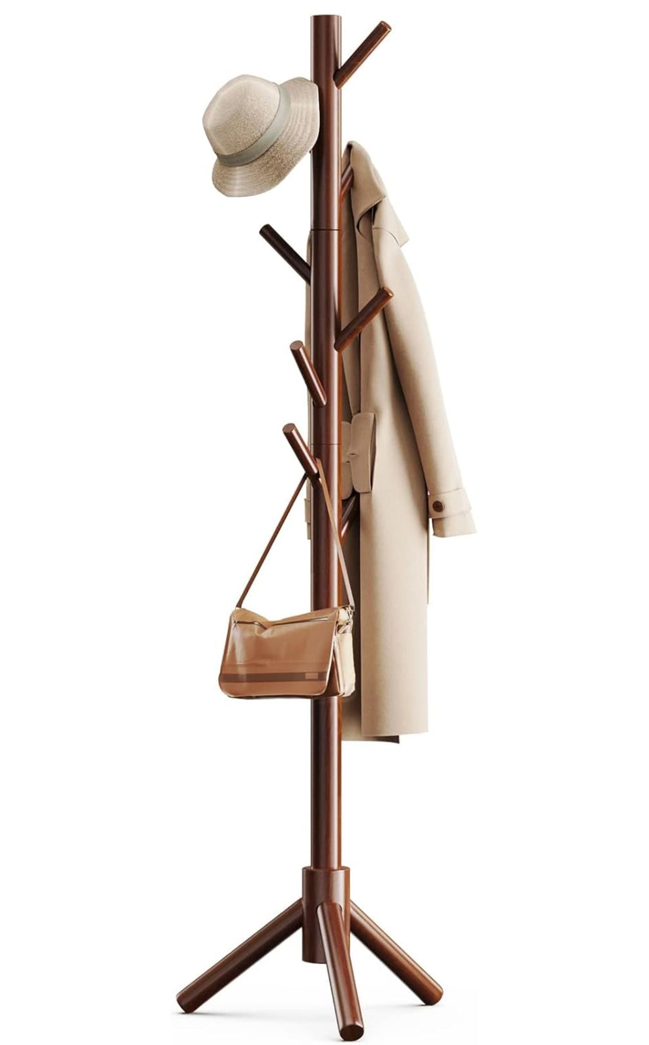 Pipishell Sturdy Wooden Coat Tree with 8 Hooks, 3 Adjustable Sizes for Clothes, Hat Stand Used in Bedroom/Office/Entryway, Brown