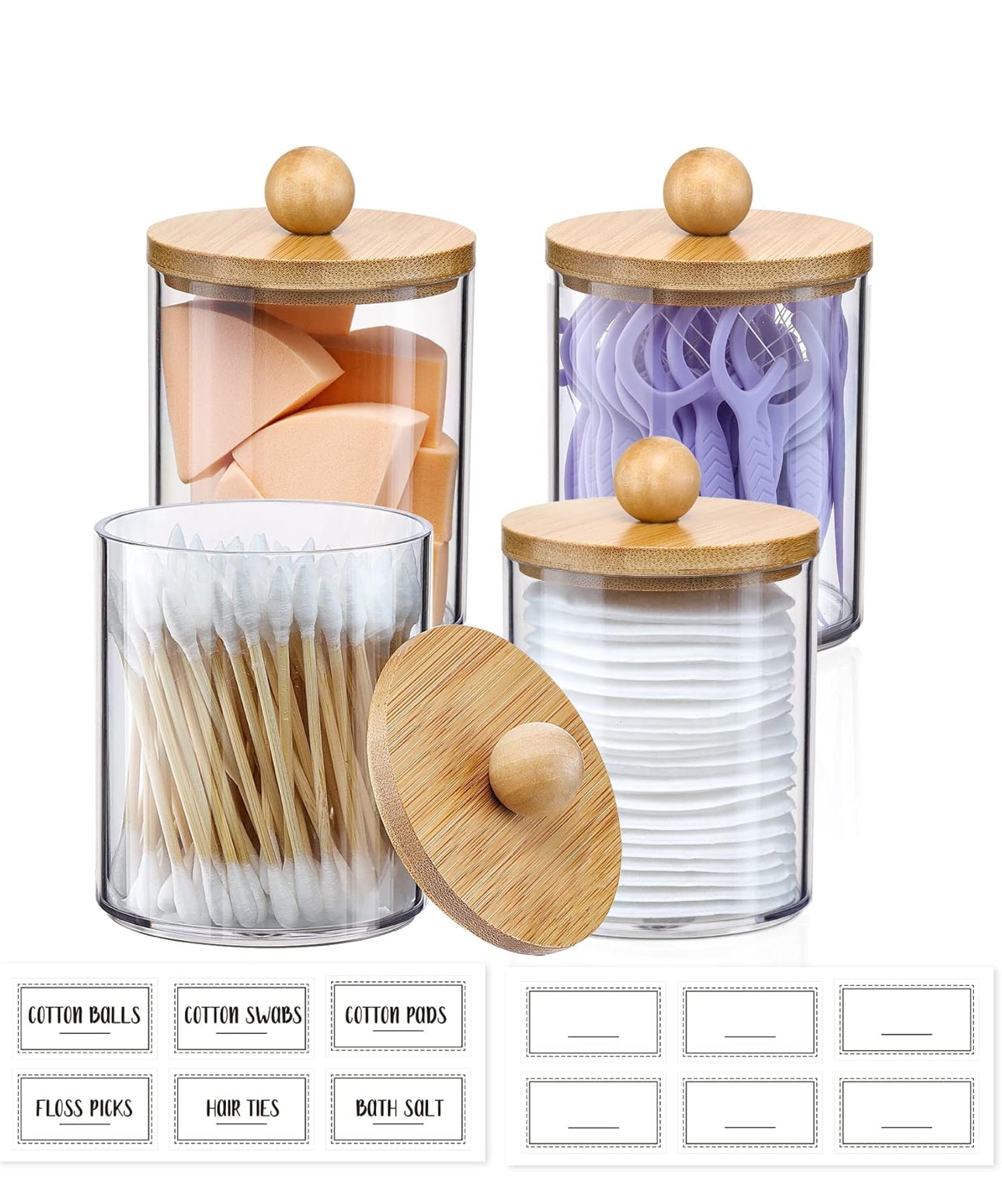 4 Pack Qtip Holder Dispenser with Bamboo Lids - 10 oz Clear Plastic Apothecary Jar Containers for Vanity Makeup Organizer Storage - Bathroom Accessories Set for Cotton Swab, Ball, Pads, Floss