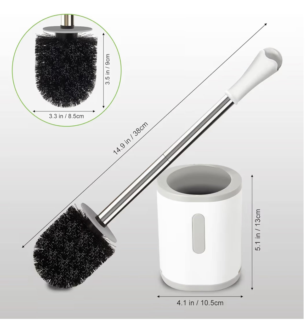 Compact Toilet Brush & Holder, Stainless Steel Handle, Space Saving for Storage, Deep Cleaning, Drip-Proof, Easy to Assemble, Nylon Bristles, White & Grey