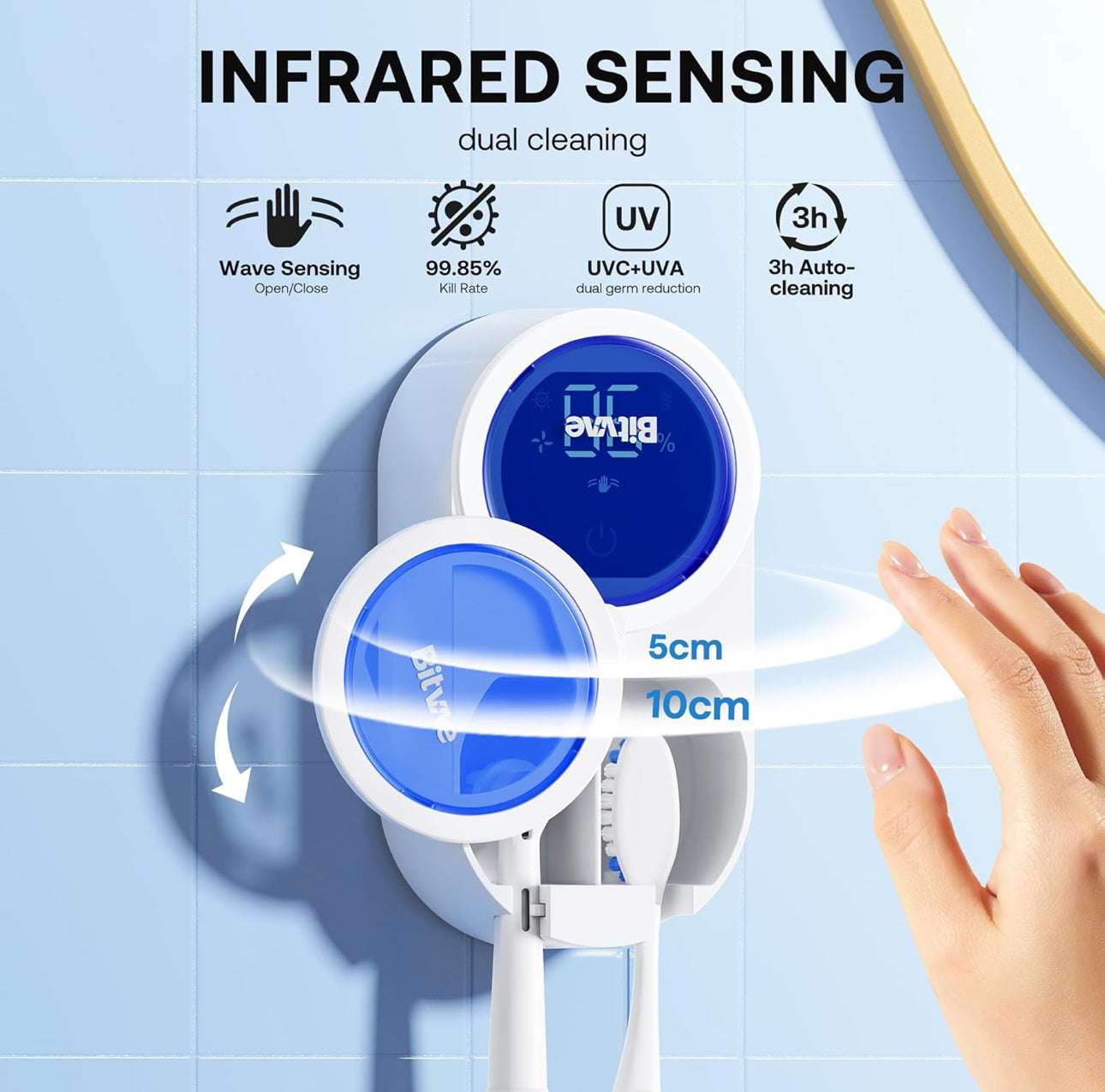 Bitvae Upgraded Tooth Brush Holder for Bathroom 2.0, Infrared Sensing Toothbrush Cleaner, Wall-Mounted for Most Size Toothbrushes, Air Drying, LED Smart Screen, White Gold Trim