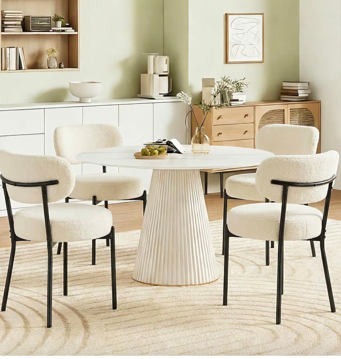 DUMOS Dining Chairs Set of 4, Mid Century Modern Chair Round Upholstered Curved Backrest, Kitchen Vanity Living Room Chairs with Black Metal Legs，Light Beige