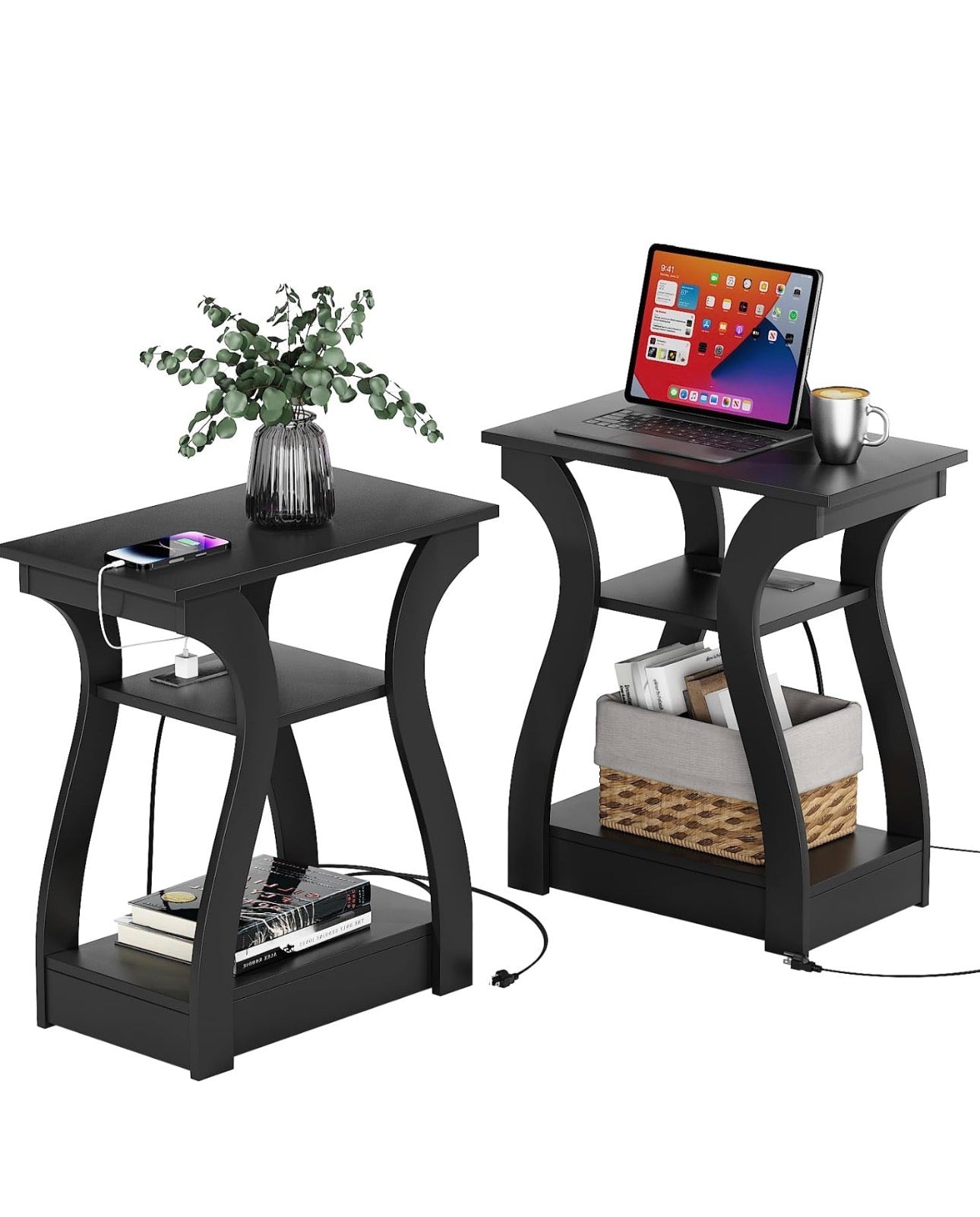 Black End Table Set of 2 with Charging Station, Side Table with USB Ports and Outlets, Black Nightstand, 3 Tier End Table with Storage Shelf for Living Room, Bedroom