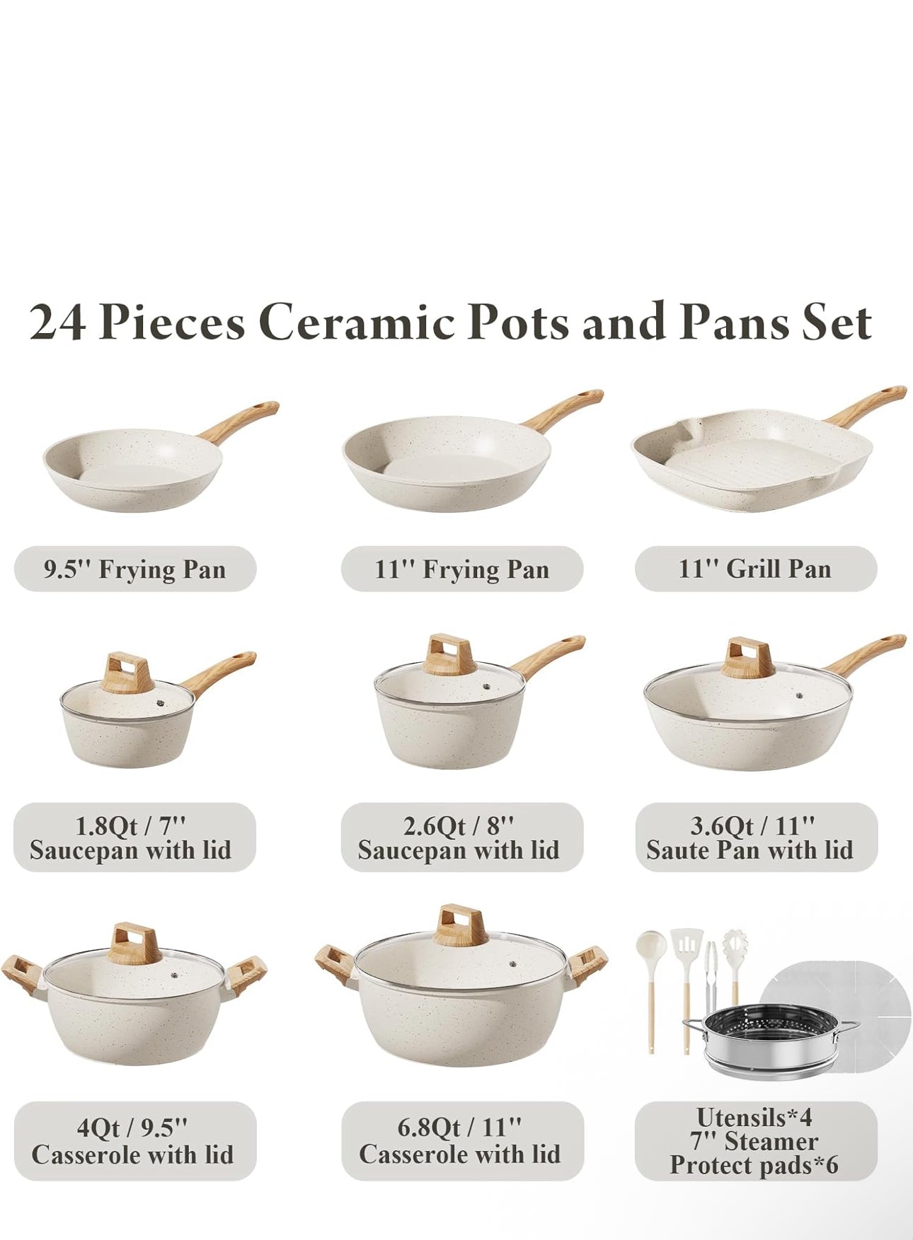 24 Pcs Pots and Pans Set Non Stick Ceramic Cookware Set,Healthy Non Toxic Kitchen Cookware Sets with Large Capacity,Induction Compatible,PFAS/PTFE/PFOA/PFOS Free,Cream White