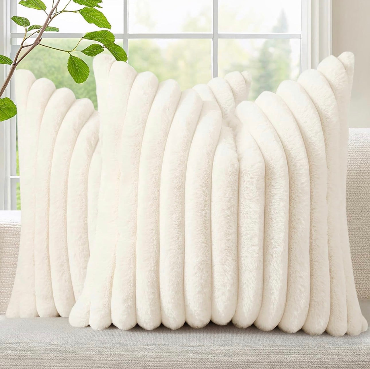 Cozy Faux Fur Spring Throw Pillow Covers 18x18 Set of 2 Decorative Soft Plush Striped Modern Farmhouse Boho Couch Pillow Cases with Velvet Back for Sofa Bed Living Room