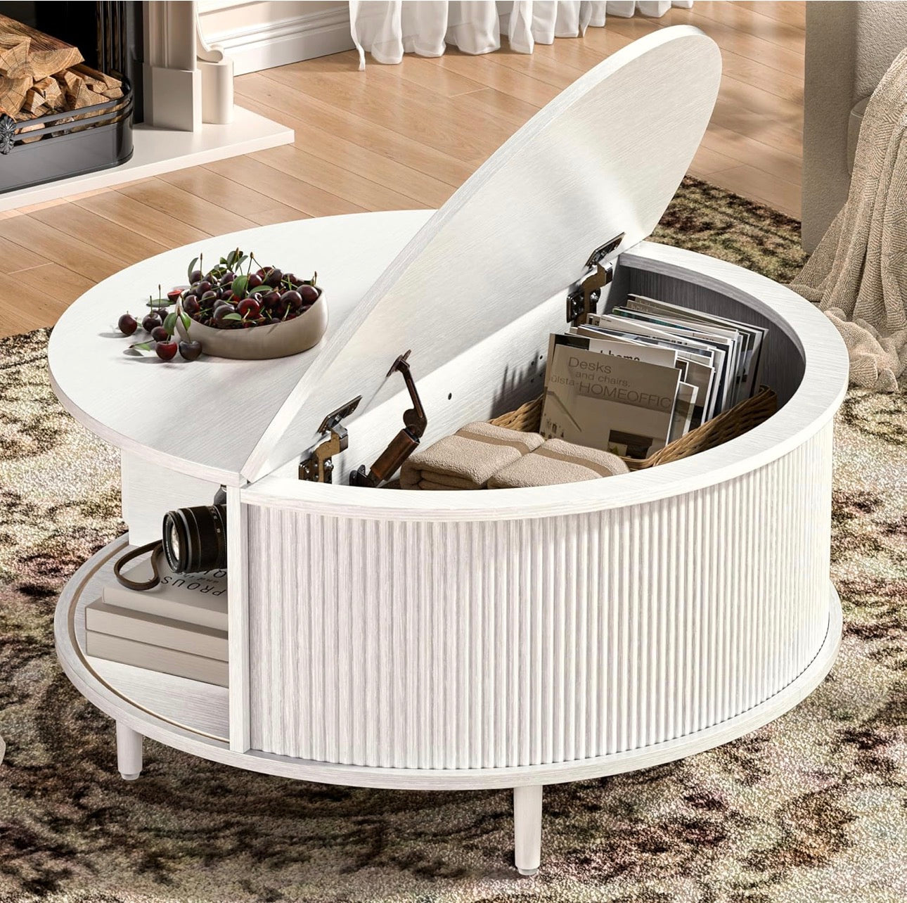 Round Coffee Table, 31.5" Fluted Center Table with Storage, Lift-Top Coffee Table with Adjustable Footpads, Sliding Door, Mid-Century Modern Center Table for Living Room, Small Space