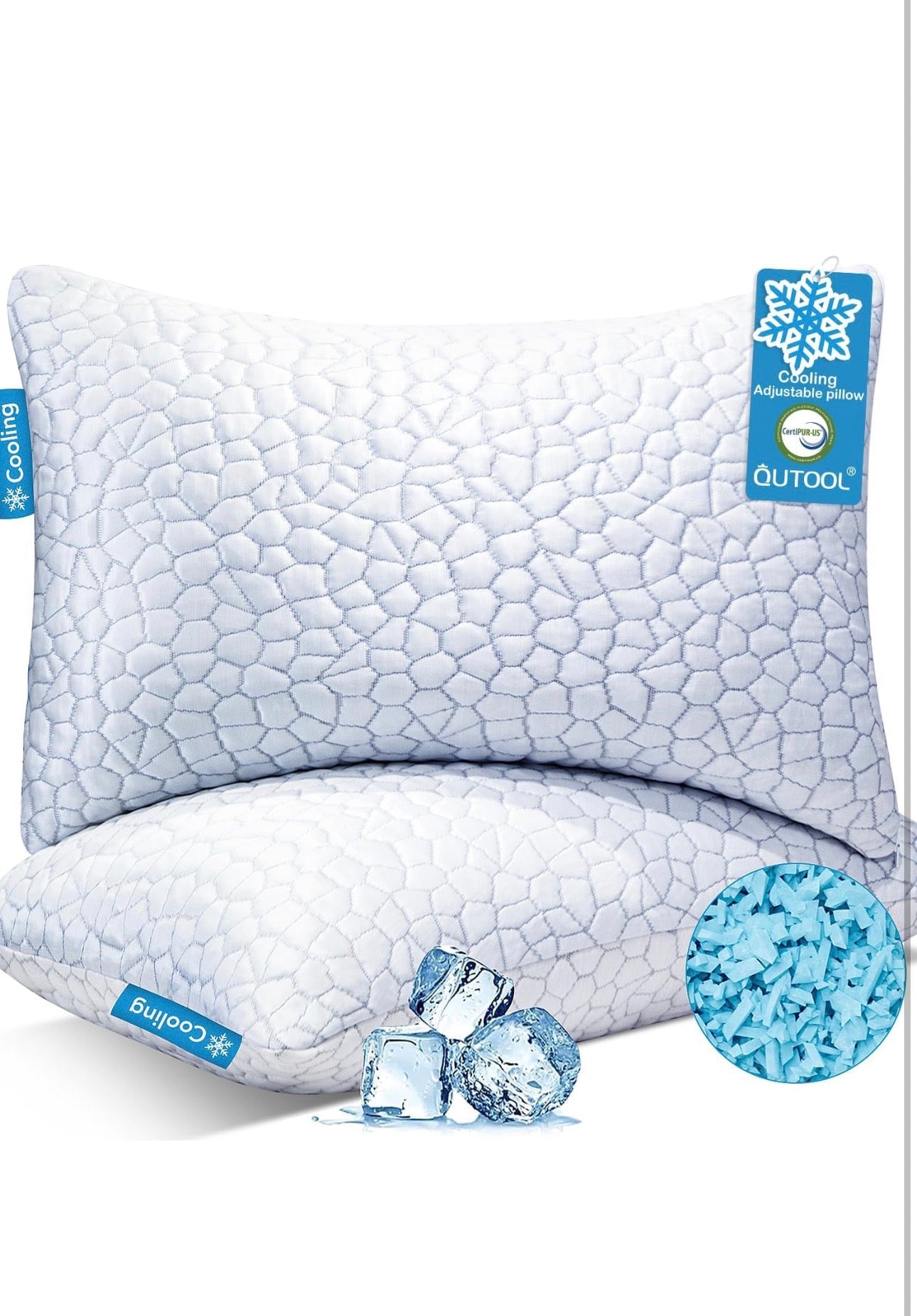 QUTOOL Cooling Pillow for Sleeping 2 Pack, Luxury Shredded Memory Foam Bed Queen Pillows Set of 2, Cool Pillow for Hot Sleepers Adjustable Firm Pillow for Side, Back, Stomach Sleepers Soft Yet Support