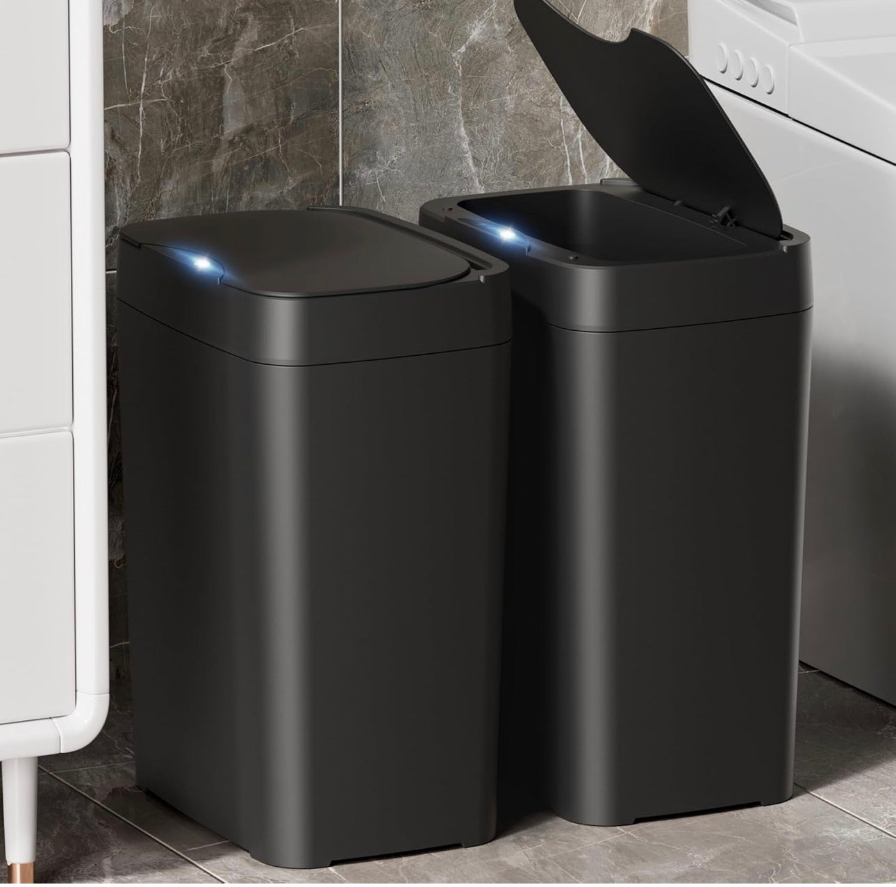 2 Pack 2.7 Gal Bathroom Trash Can with Lid, Automatic Trash Can Small Smart Garbage Can Touchless, Slim Motion Sensor Waterproof Plastic Trash Bins for Bedroom Office Kitchen Toilet