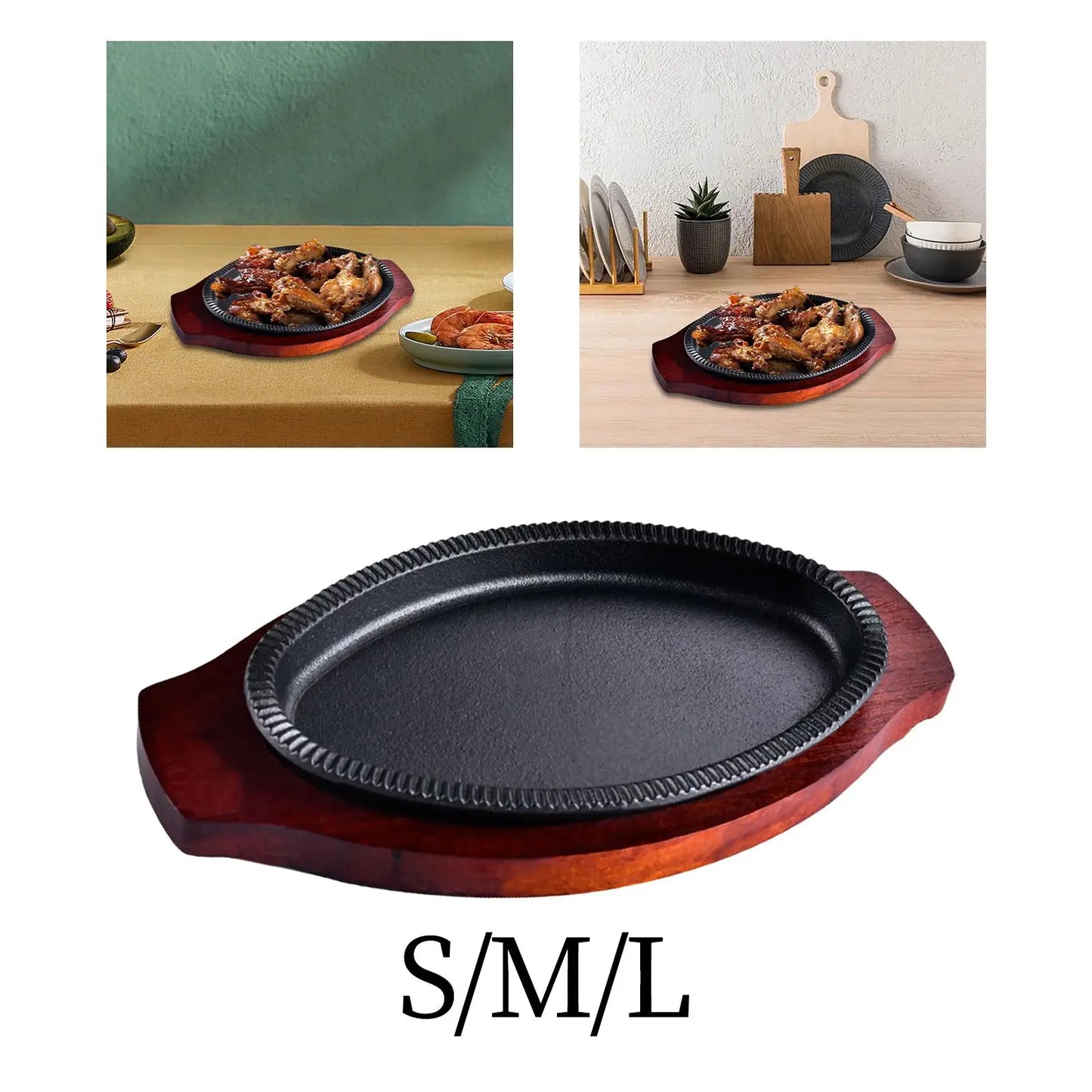 Cast Iron Steak Plate Nonstick with Wooden Base Fajita Pan Sizzle Griddle Steak Pan for Stovetops Home Restaurant Cooking