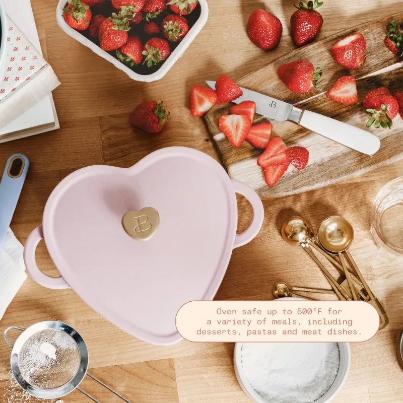 Pink Enameled Cast Iron Dutch Oven Heart-Shaped Pot with Lid, Dual Handles, Works on All Stovetops, Oven Safe to 500°F, 2-Quart