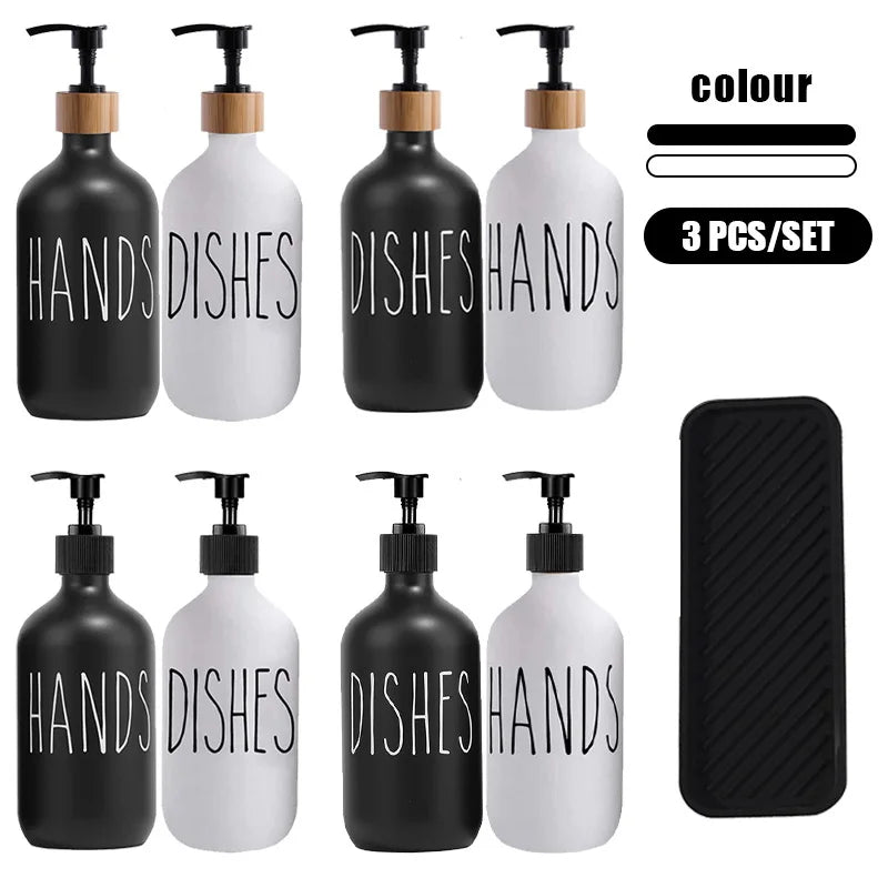 2Pcs 500ml Hand Dish Soap Dispenser Empty Pump Bottle, Kitchen Counter Decor Organization with Silicone OR Bamboo Try