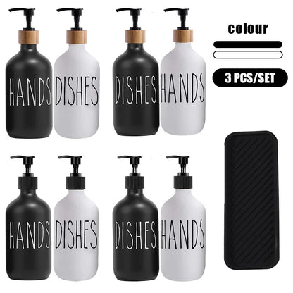 2Pcs 500ml Hand Dish Soap Dispenser Empty Pump Bottle, Kitchen Counter Decor Organization with Silicone OR Bamboo Try