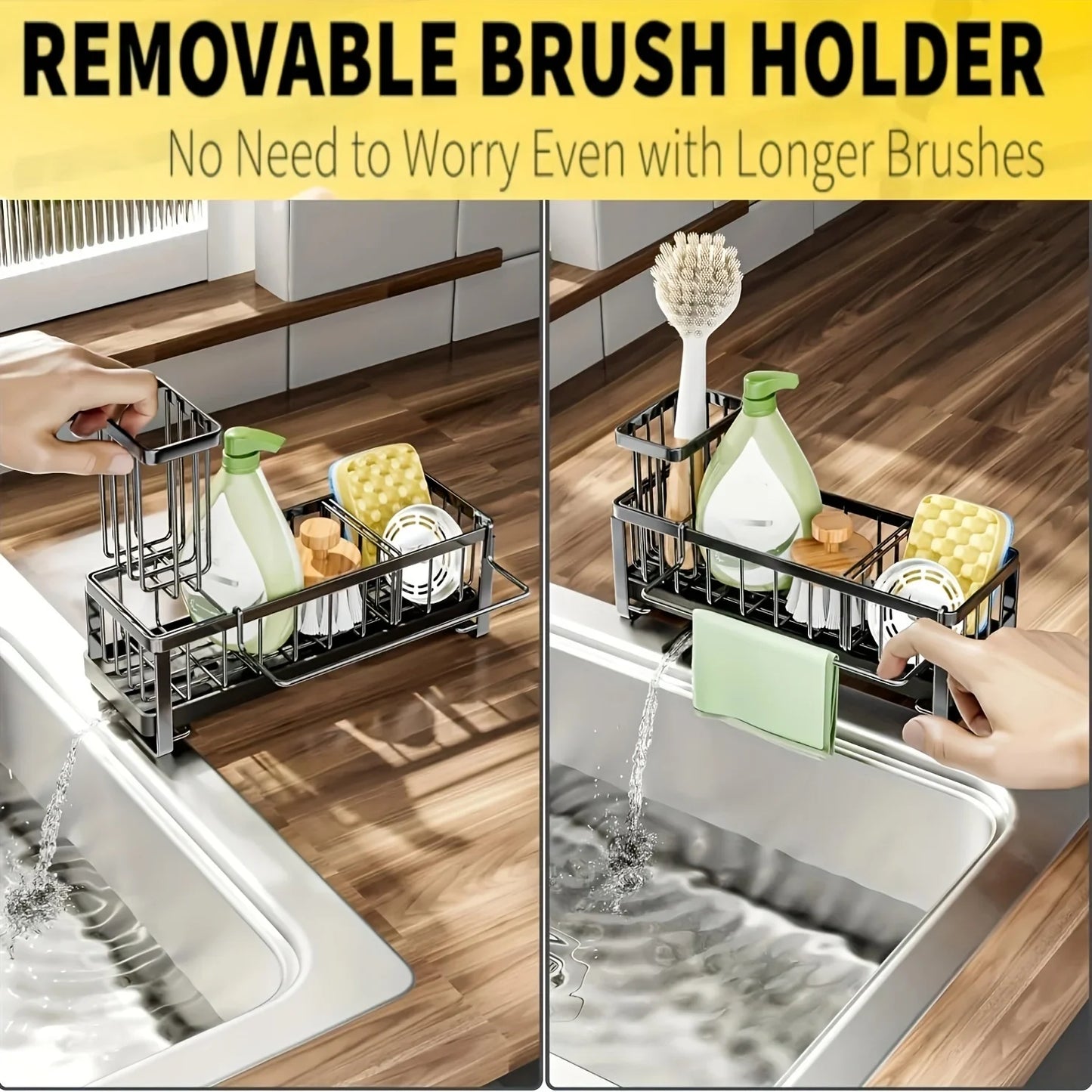 Sponge Holder for Kitchen Sink, Plastic Auto Draining Kitchen Sink Organizer, Sink Caddy with Removable Brush Holder