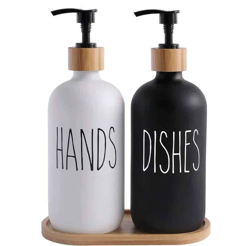 2Pcs 500ml Hand Dish Soap Dispenser Empty Pump Bottle, Kitchen Counter Decor Organization with Silicone OR Bamboo Try