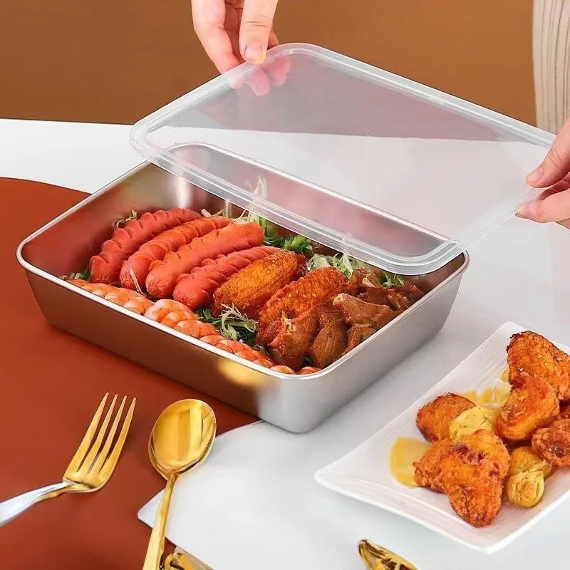 Plate Stainless Steel Food Container with Cover Thick Tray Large Capacity for Vegetables Fruits Fresh Meat Kitchen Organizer
