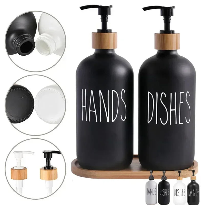 2Pcs 500ml Hand Dish Soap Dispenser Empty Pump Bottle, Kitchen Counter Decor Organization with Silicone OR Bamboo Try