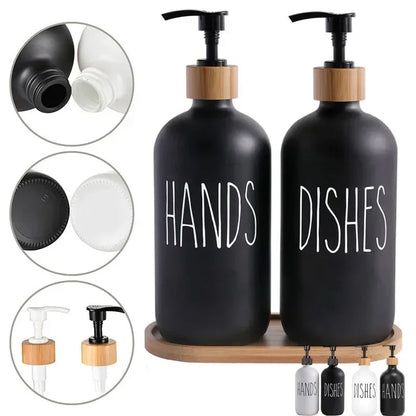 2Pcs 500ml Hand Dish Soap Dispenser Empty Pump Bottle, Kitchen Counter Decor Organization with Silicone OR Bamboo Try